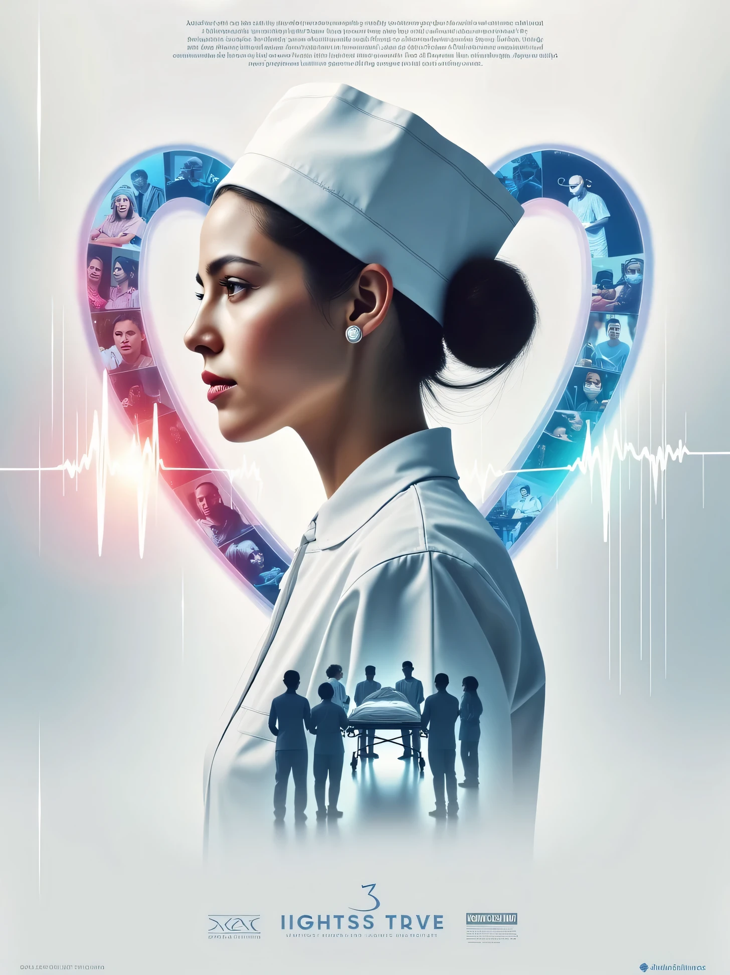 A cinematic poster of a healthcare worker wearing a Nurse and nurse cap, with a double exposure effect showing scenes of medical care and human compassion. The background features an abstract heartbeat line glowing in blue, connecting various moments: a nurses mens, and nurses womansr performing surgery, a patient being comforted, and medical staff rushing with a stretcher in a hospital hallway. The composition is dramatic and emotional, with Modern colors, blue, cyan, purples, grays tones of blue and white dominating the scene, creating a professional yet heartfelt atmosphere,  Cinematic vibrant colours, hd, 8k, realism, 