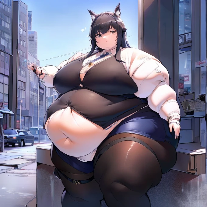  super high resolution , 最  High Quality  ,  super detailed, 4K,  1 girl, (8k,  High Quality  ,  masterpiece on penis , 最  High Quality  ,  super detailed, Detailed aspects , Delicate hands,  one woman,  one woman ,  one girl, Texas (  Arknights  ), Alone,  animal ears  , ロング  black hair ,  black hair ,modern city,  extremely obese body ,Big body,large amount of fat  ,特大のBig Breasts, 特大Big Breasts,  huge thighs  , ((Big Breasts, Big Breasts,  huge thighs  , Big belly ))  dynamic poses  ,Big belly