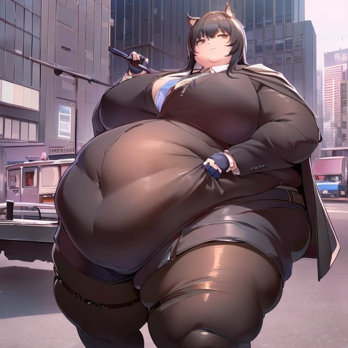  super high resolution , 最  High Quality  ,  super detailed, 4K,  1 girl, (8k,  High Quality  ,  masterpiece on penis , 最  High Quality  ,  super detailed, Detailed aspects , Delicate hands,  one woman,  one woman ,  one girl, Texas (  Arknights  ), Alone,  animal ears  , ロング  black hair ,  black hair ,modern city,  extremely obese body ,Big body,large amount of fat  ,特大のBig Breasts, 特大Big Breasts,  huge thighs  , ((Big Breasts, Big Breasts,  huge thighs  , Big belly ))  dynamic poses  ,Big belly