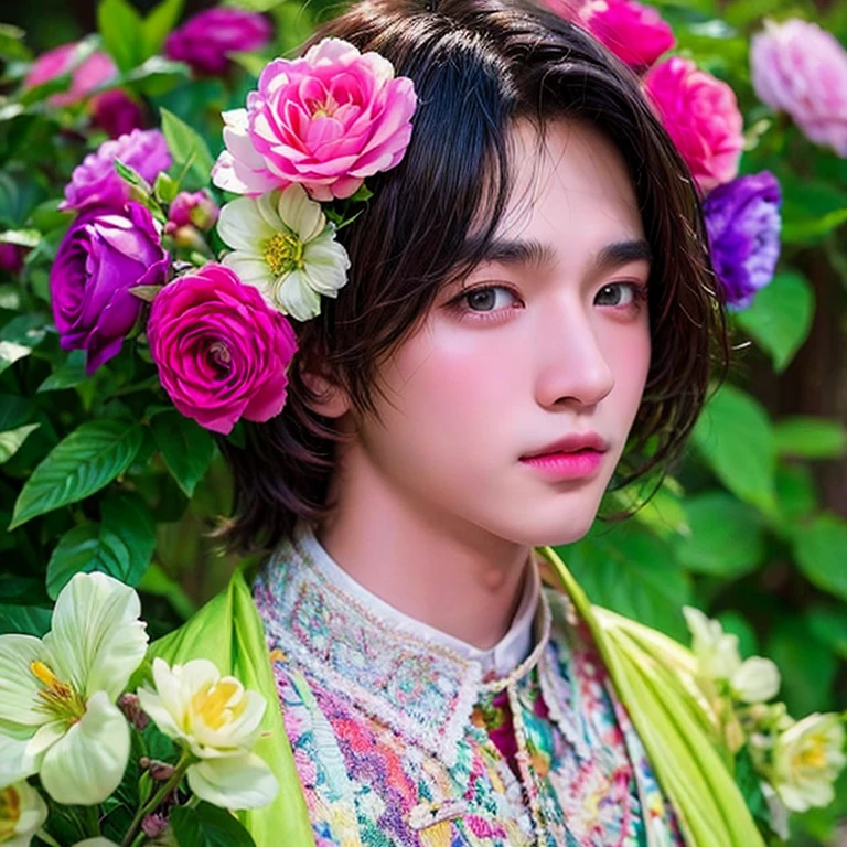  1 boy,  masterpiece ,   High quality ,  top quality  ,  official art  ,  beautiful and aesthetic ,  1 boy ,  very detailed ,flowers,  fractal art  , Colorful ,  highest detail 