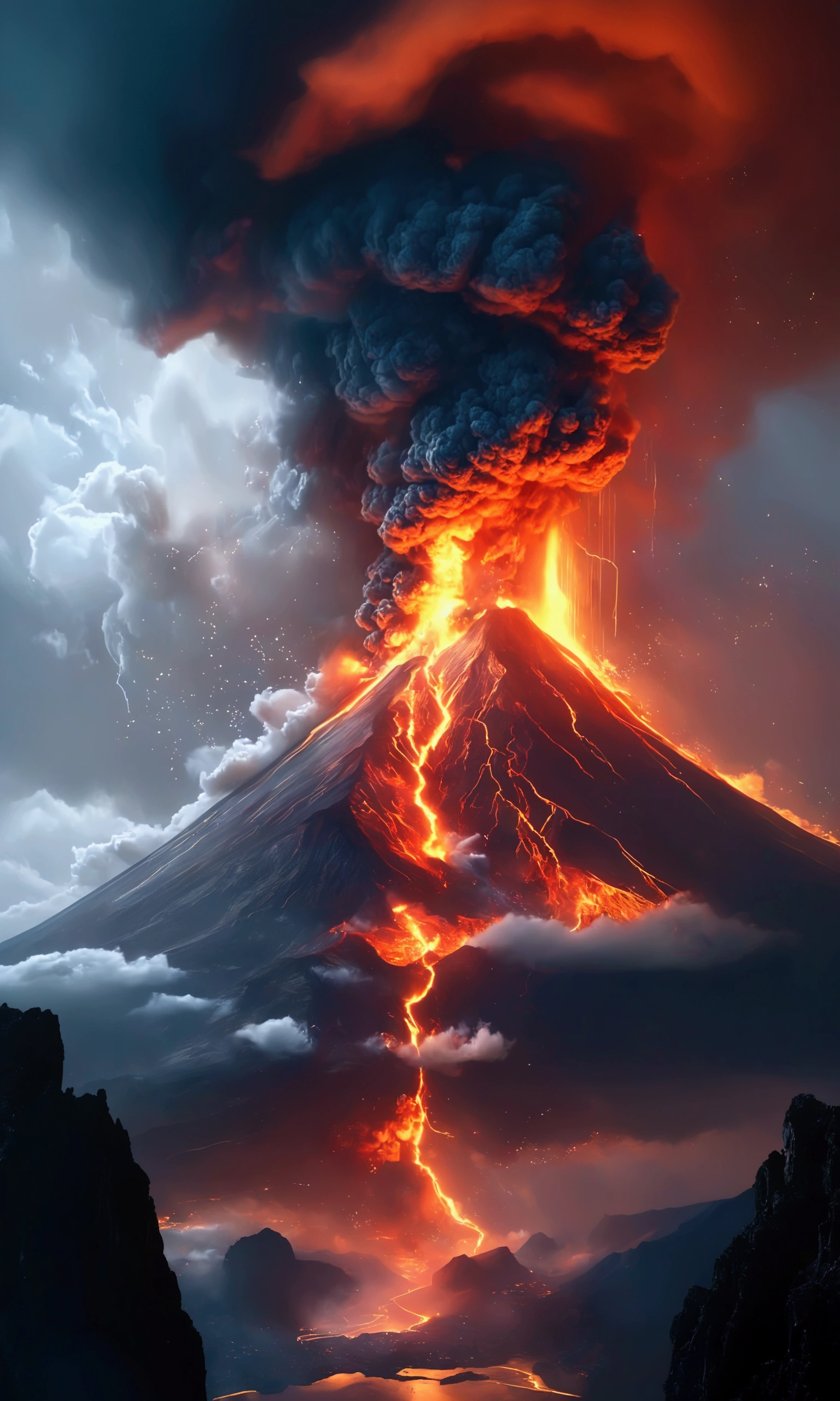 cielo ennegrecido, epic volcanic eruption, dramatic landscape, fiery lava flows, molten rock, billowing smoke plumes, ash-filled sky, glowing orange magma, towering volcanic peaks, rugged terrain, dynamic motion blur, cinematic lighting, hyper-realistic, highly detailed, 8k, ultra-detailed, (best quality, 4k, 8k, highres, masterpiece:1.2), ultra-detailed, (realistic, photorealistic, photo-realistic:1.37), dramatic, cinematic, moody, epic scale, awe-inspiring, intense colors, vibrant palette, dynamic angles, dramatic composition