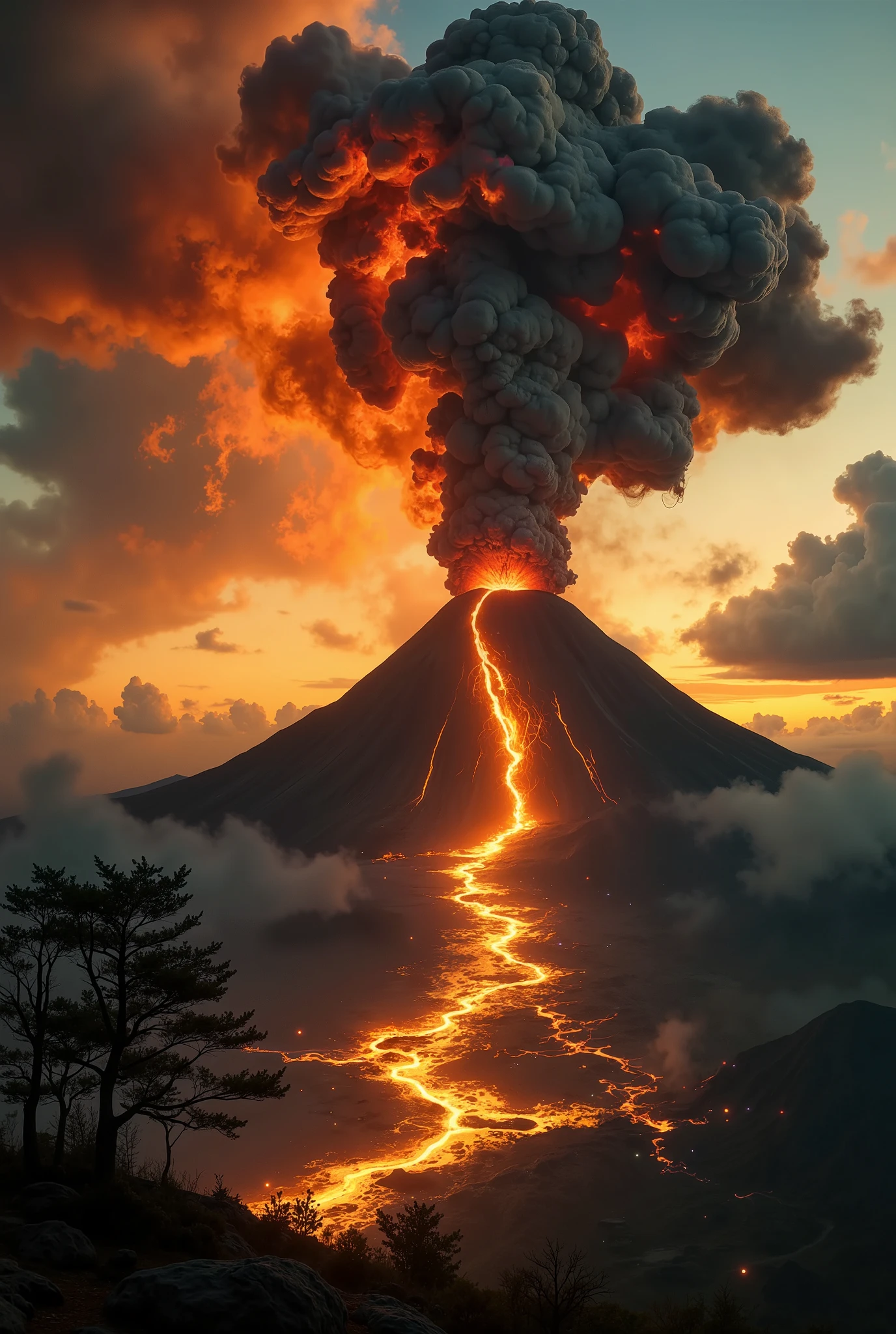 A detailed depiction of a powerful volcanic eruption, capturing the raw intensity and grandeur of the scene. The volcano towers in the background, spewing a massive plume of smoke and ash high into the sky. Rivers of glowing molten lava flow down its jagged slopes, illuminating the scene in vivid hues of orange, red, and yellow. The surrounding terrain is scorched and cracked, with fissures emitting steam and heat waves. The explosive force sends fiery debris and embers flying through the air, creating a dynamic and chaotic atmosphere. In the foreground, a charred tree stands silhouetted against the glowing inferno, adding contrast and drama to the scene. The background fades into a hazy, ash-filled sky, with distant landscapes barely visible through the smoky veil. The overall composition is photorealistic and cinematic, highlighting the raw, untamed power of nature in a breathtaking and dramatic moment.