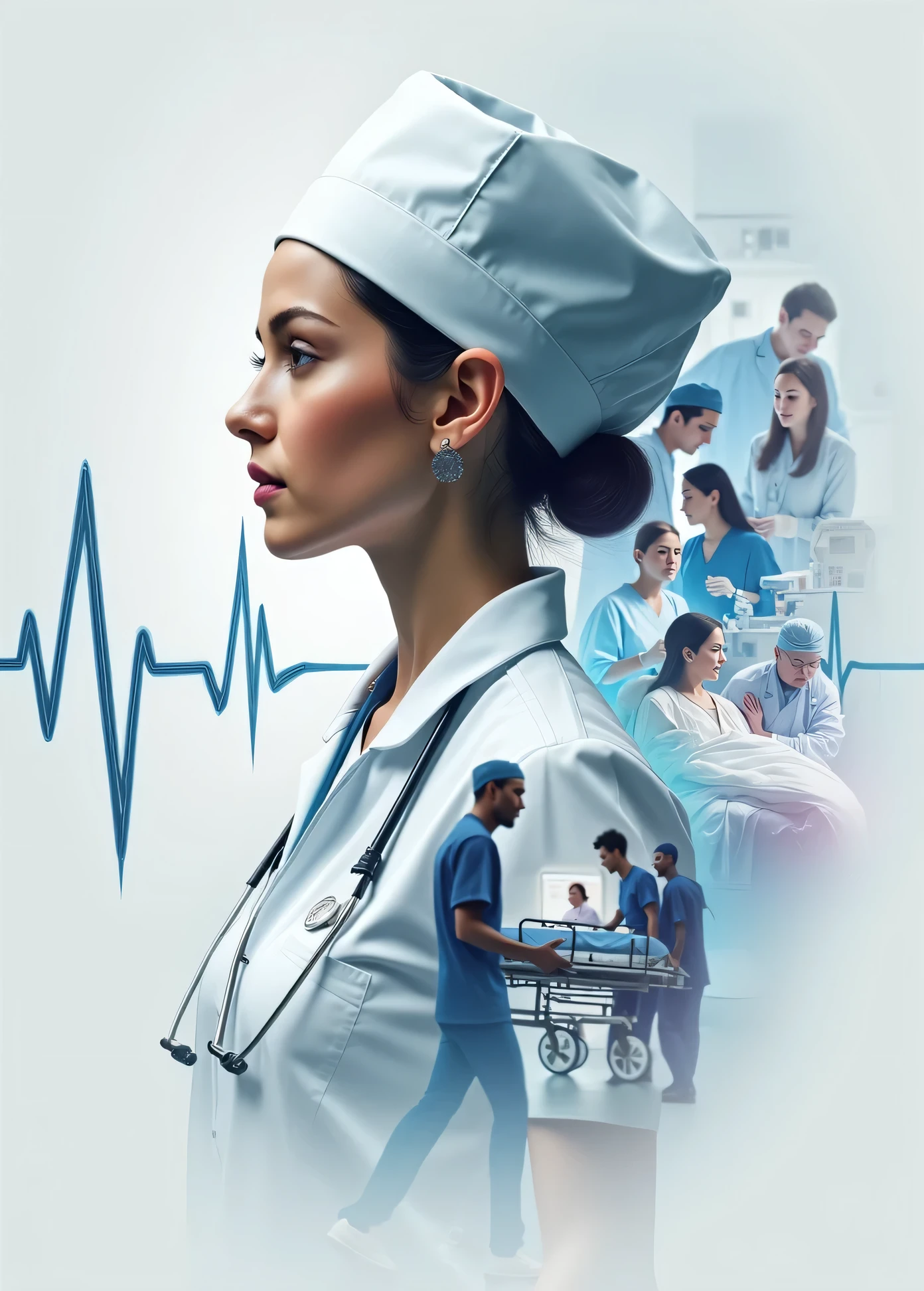 A cinematic poster of a healthcare worker wearing a Nurse and nurse cap, with a double exposure effect showing scenes of medical care and human compassion. The background features an abstract heartbeat line glowing in blue, connecting various moments: a nurses mens, and nurses womansr performing surgery, a patient being comforted, and medical staff rushing with a stretcher in a hospital hallway. The composition is dramatic and emotional, with Modern colors, blue, cyan, purples, grays tones of blue and white dominating the scene, creating a professional yet heartfelt atmosphere,  Cinematic vibrant colours, hd, 8k, realism, 