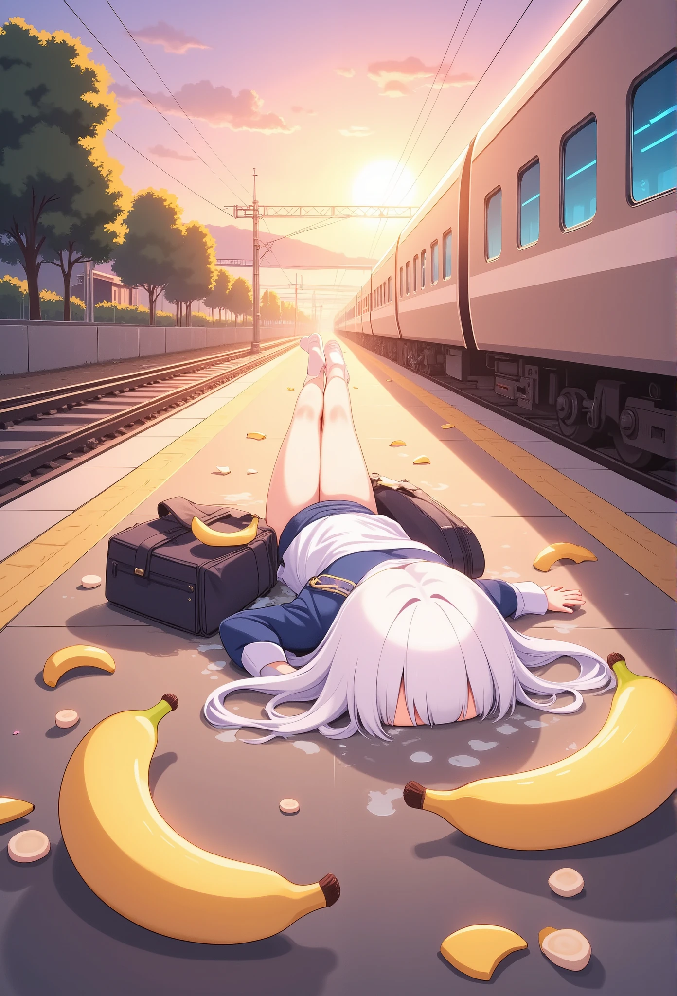 amazing kawaii Anime Style, Digital Painting, best quality, 1girl,from behind,chibi,trk, high school uniform, long white hair, school bag,lying on ground,face down,rear view,(No facial expressions),banana peel, scattered bananas, train platform, passing train, sunset, surreal composition, humorous tone, warm colors, perspective shot, soft shading