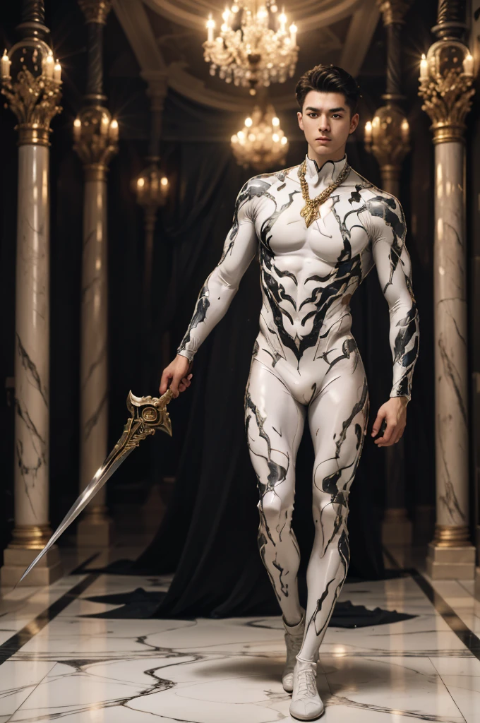 absurdres, intricate details, masterpiece, best quality, high resolution, 8k, 
(1boy:1.3), (marb1e4rmor, white marble bodysuit, weapon:1.2), 
looking at viewer, smirk, Manhuanan,
(muscular, large pectorals, abs), shiny white skin, 
detailed face, red eyes, black hair, eye reflection, blue necklace, 
indoors, (full body:0.8), 
detailed background, cinematic lighting
 