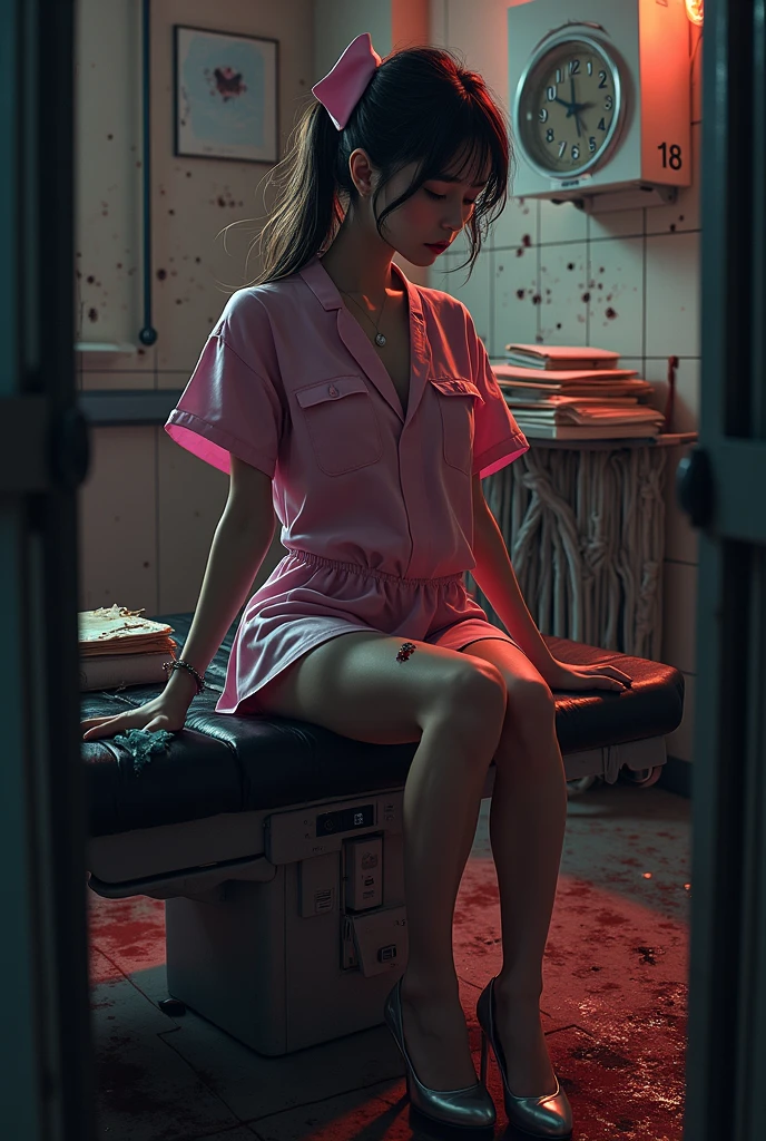 (Detailed illustrations,Very detailed and detailed drawing,Delicate lines with slow and rapid,Realistic texture expression),[Color tressed main line],Inorganic concrete room[Night Hospital],(Japan adult female[28 year old](Zombie Nurse))Hair put together [SKINNY((Small breasts))][pale skin](sickly look),([bandaged]Bondage Fashion),[[Return blood]],(Fine and beautiful skin expression [Transparency]),[Perfect eye details (Iris beautifully drawn in every detail)[Jewel-like eyes]],[long and beautiful eyelashes],[Meticulously drawn hair],(Perfect hand details [Beautiful fingers without breakdowns [Beautiful nails]]),(Perfect Anatomy(Perfectly proportioned))[[Full body like]],[Ideal color coordination(Accurate simulation of light-material interactions)],([Precision Detail](detaileds,high-detail)),[[Pale and gentle colors]][Visual art that conveys a sense of narrative] [[Eros in the Natural Body]].