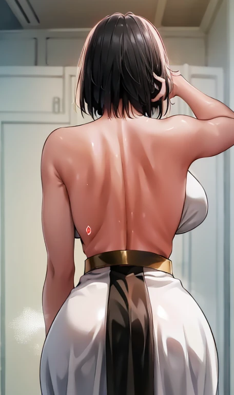 Video record view of a mature girl, jet black hair, shoulder length hair, red eyes, showering in bathroom ,rear view