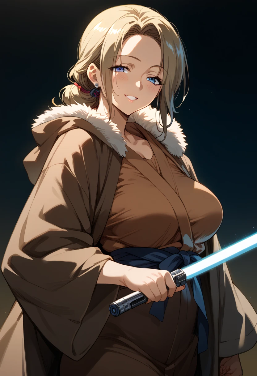 masterpiece, high definition , top quality,8k(Akiko,mature woman)
(blue Lightsaber,  Brown Robe)smile