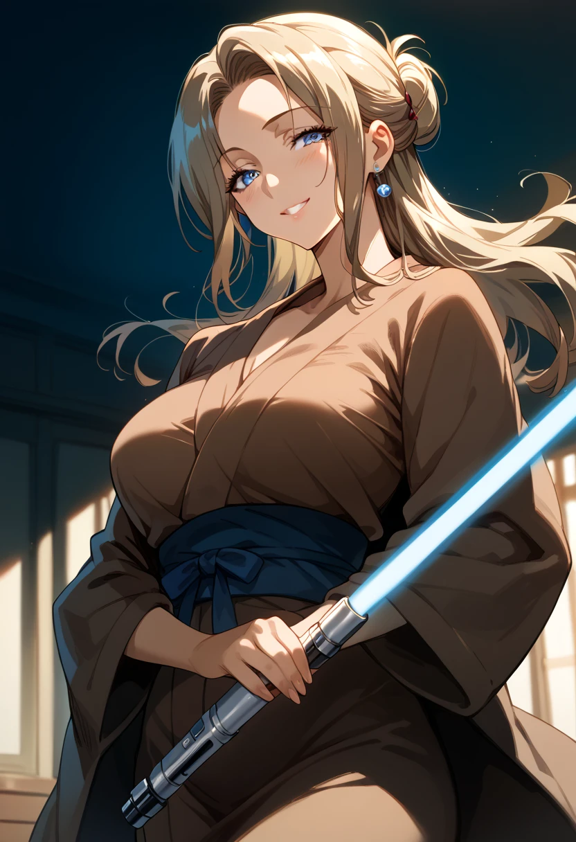 masterpiece, high definition , top quality,8k(Akiko,mature woman)
(blue Lightsaber,  Brown Robe)smile