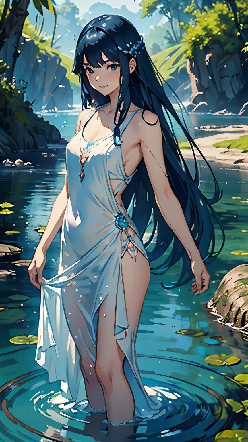 1 naked Amazon woman ,walking nude with her , swimming at  the river under the heavy rainy night at the jungle, long black beautiful hair,nice beuatiful breasts, curvy thick  body! shape,very hairy vagina whole body wet drippingwater, Full body view picture  ,submerging half legs under the river water.