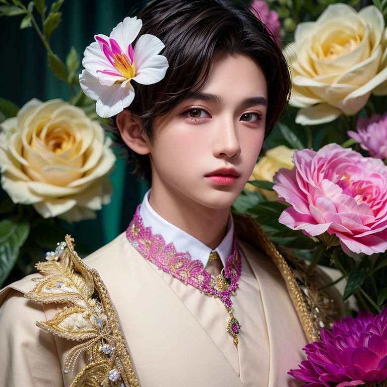  1 boy,  masterpiece ,   High quality ,  top quality  ,  official art  ,  beautiful and aesthetic ,  1 boy ,  very detailed ,flowers,  fractal art  , Colorful ,  highest detail 