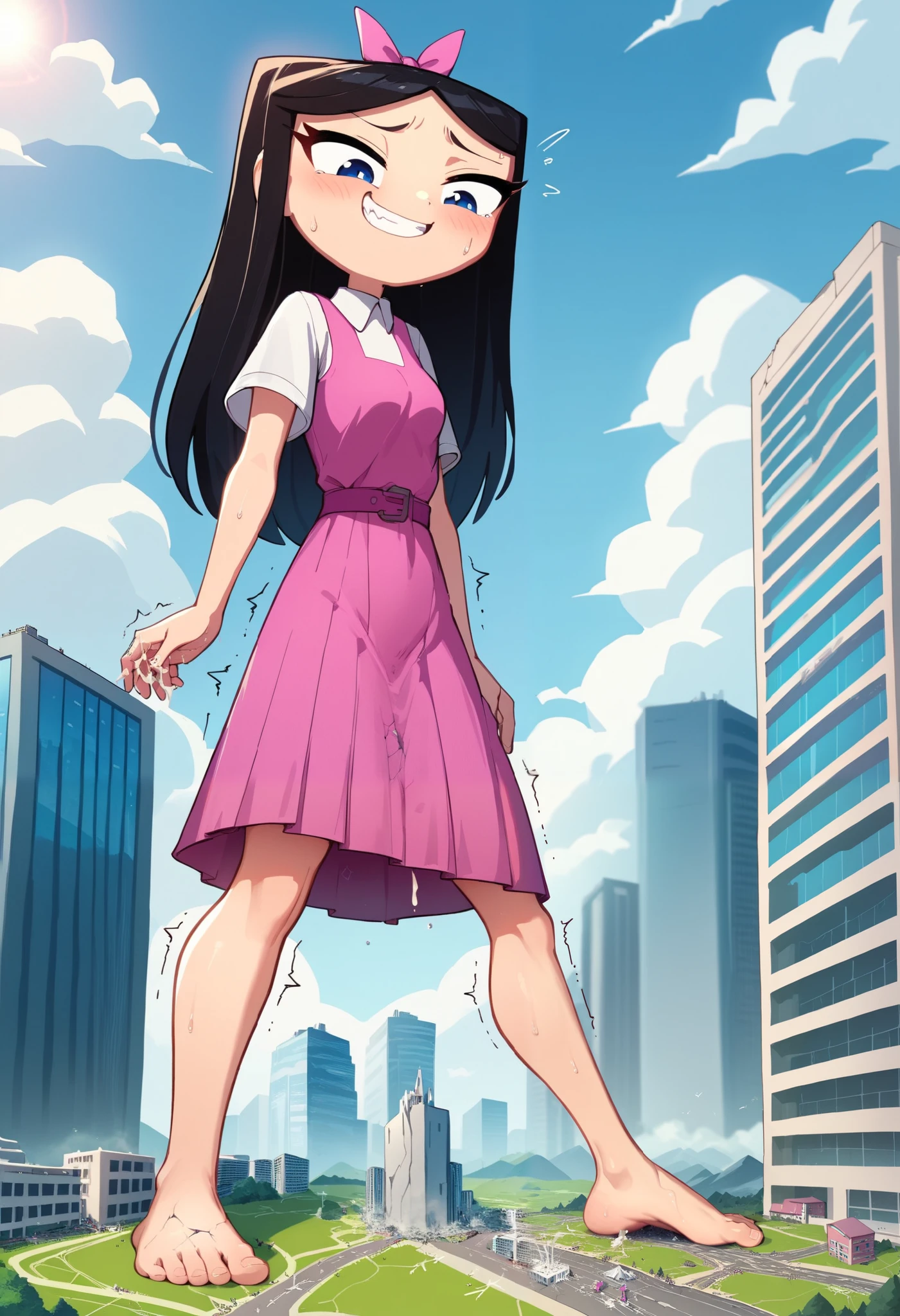 easynegative, safe_pos,score_9,score_8_up,score_7_up,score_6_up,source_anime, Giantess, macro, very sweaty, bigger than island, barefoot, Landscape, cityscape, smug expression, devious grin, isabella, pink tight dress, ribbon, black hair, white short sleeves, belt, blue eyes, 1girl, medium cock, testicles, erect penis, cum, Veined cock, Wrinkled testicles, female body, full body, skinny, erect dick, masturbation, building destruction, cracked building, cum on the city, trembling, motion lines,