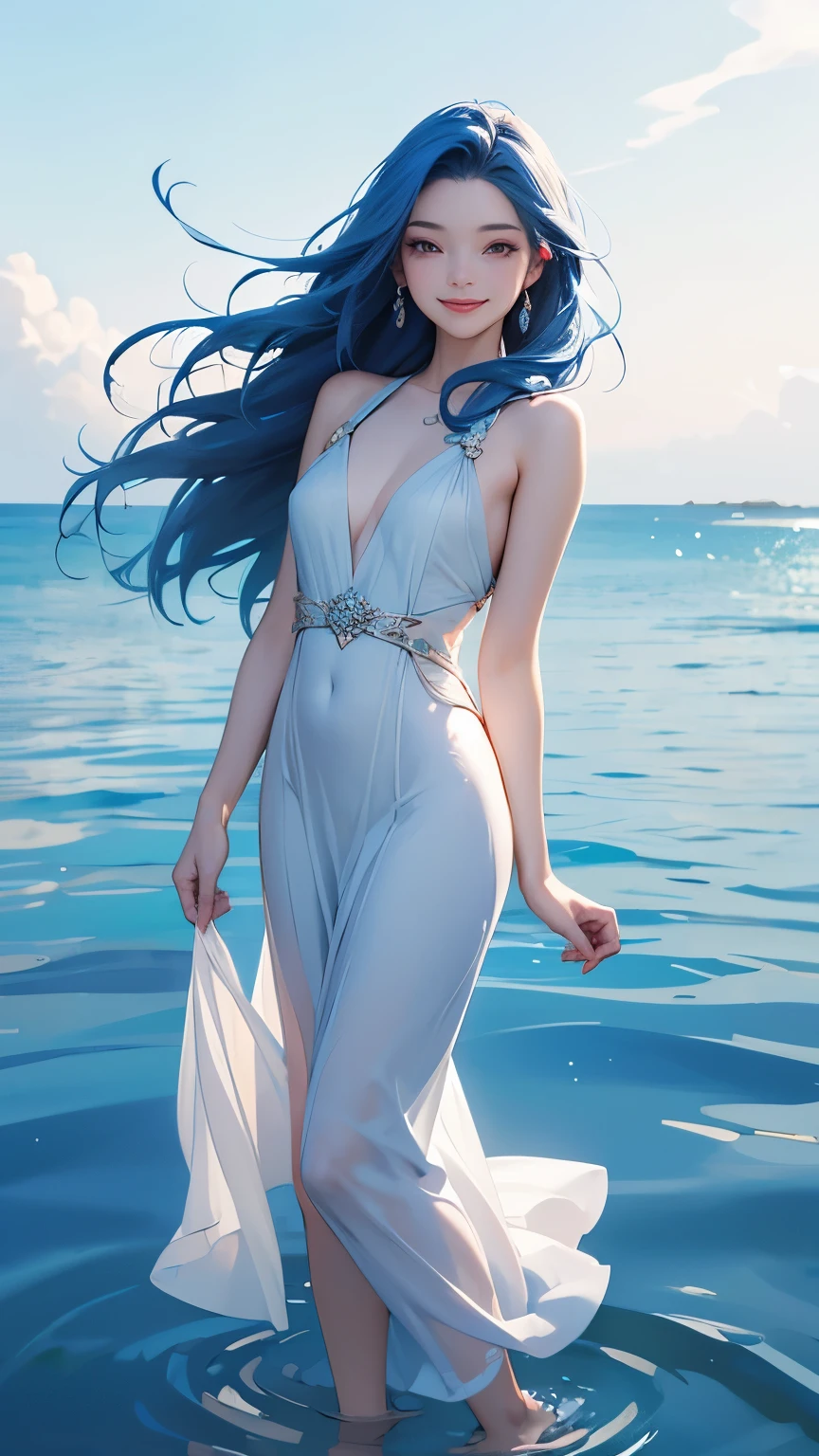 ( Absurd , High quality , ultra detailed, careful with hand )Zodiac - Sagittarius goddess , similar to latin goodness . Optimistic, fair-minded, funny and intellectual face . Reckless, cold-hearted, impatient, overconfident style . Dark blue eyes (eyes detail) , deep blue hair with bling bling , transparent dress , in the ocean with stars , whole body , fire nature , god Chiron