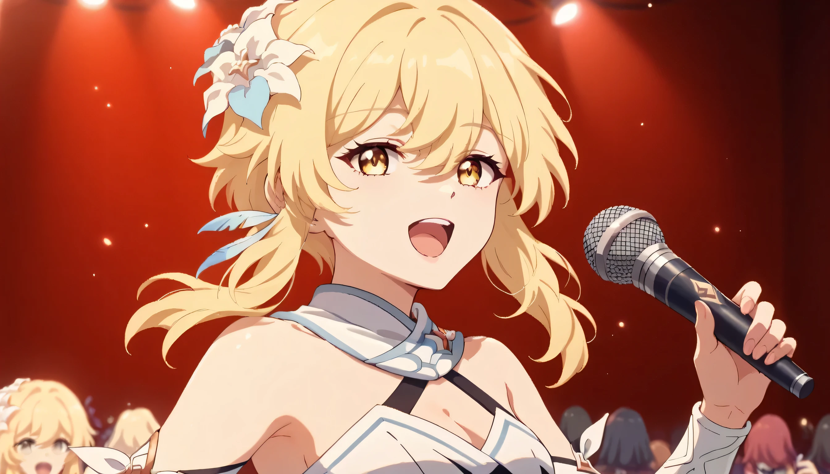 score_9,score_8_up,score_7_up, 1girl, lumine, genshin impact lumine, bangs, blonde hair, hair ornament, blunt bangs, hair between eyes, yellow eyes, flower, hair flower, feather hair ornament, cowboy shot, sing, singing, holding a mic, mic, open mouth, looking at viewers