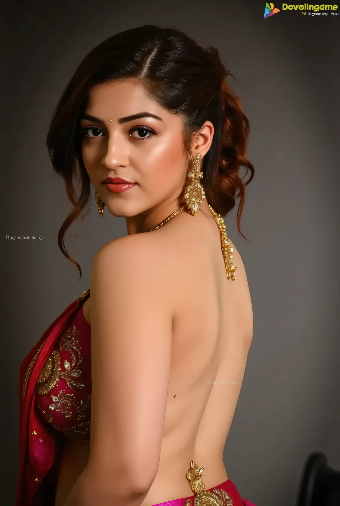 a beautiful naked  girl, in a saree, bare back, topless, detailed portrait, highly detailed face, detailed eyes, realistic, photorealistic, 8k, cinematic lighting, bright color tones, glowing skin, intricate fabric details, elegant pose, dramatic shadows, golden jewelry, mystical atmosphere, busty naked 