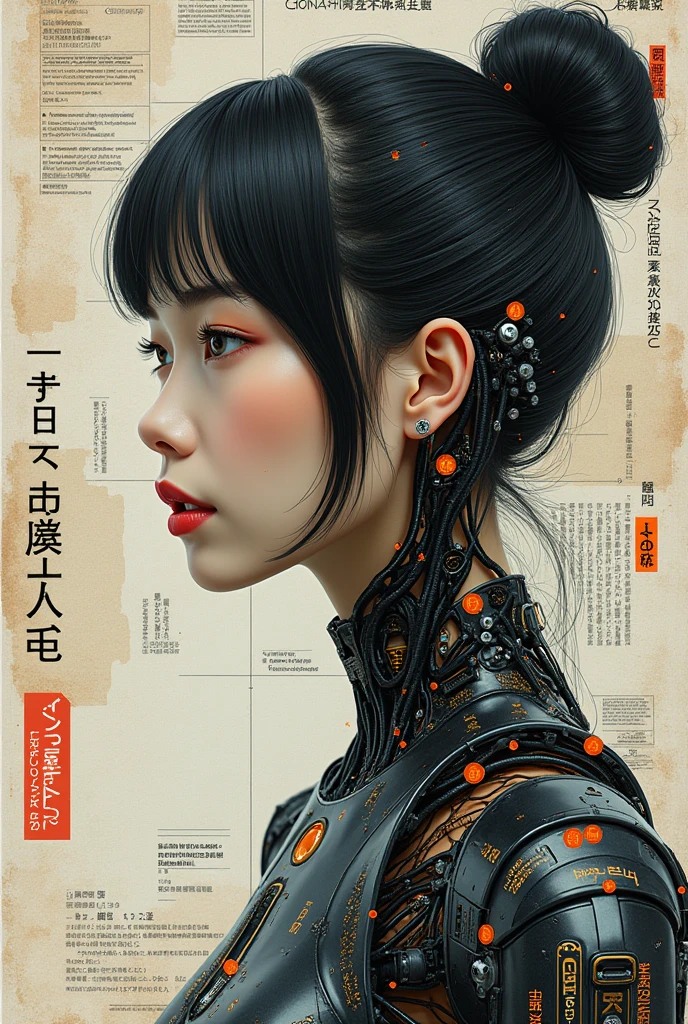 Breathtaking beauty,  using the power of complex electronic circuit drawings and instructions,  Complex and detailed portraits of modern Japanese women , collage, (Numerous setting notes:2.0), Beautiful Android, Metal Android Suit , Brown Hair, Digital code and typography ,  chignon hair,  mixed media work with English text, pictures, and diagrams,  perfect configuration on board , Proper placement, Golden Ratio,  expressed by mixing elements of silence and chaos , 