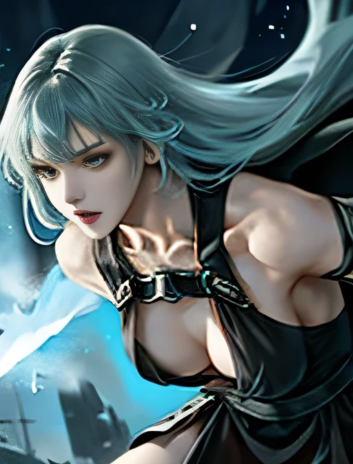top quality、 Japanese 、 long light blue hair、 Not Muscular 、I'm wearing a black, sharp 、 sheer dress、 slender figure、 small breasts、Equip a sword、Attacking an enemy、 dynamic movement 、Moonlit Prairie、Another World