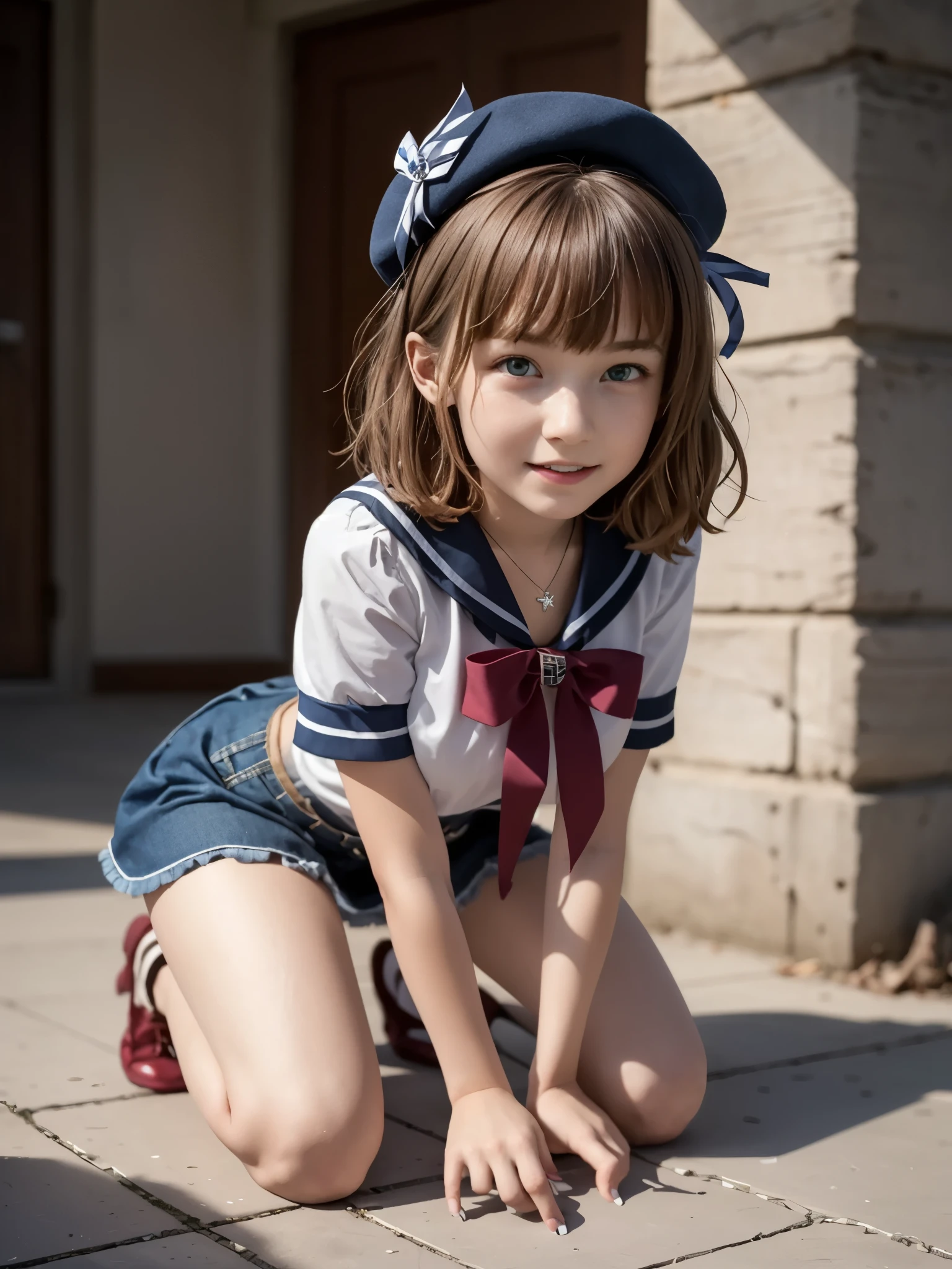 girl kneeling, BREAK, girl, (13yo, cute:1.4), kneeling leaning forward, full body, looking at viewer, closed mouth, holding voice, beret, medium hair, bangs, short dress, thighs, sailor collar, breasts, ribbon details, subtle pendant necklace, redhead, sexy outfit,