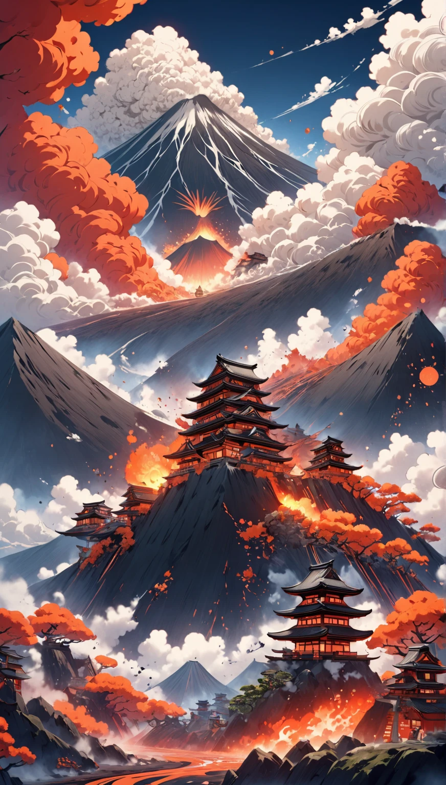   Fantasy World ,  Japanese style, Volcanic eruption, The flying owl， is cool