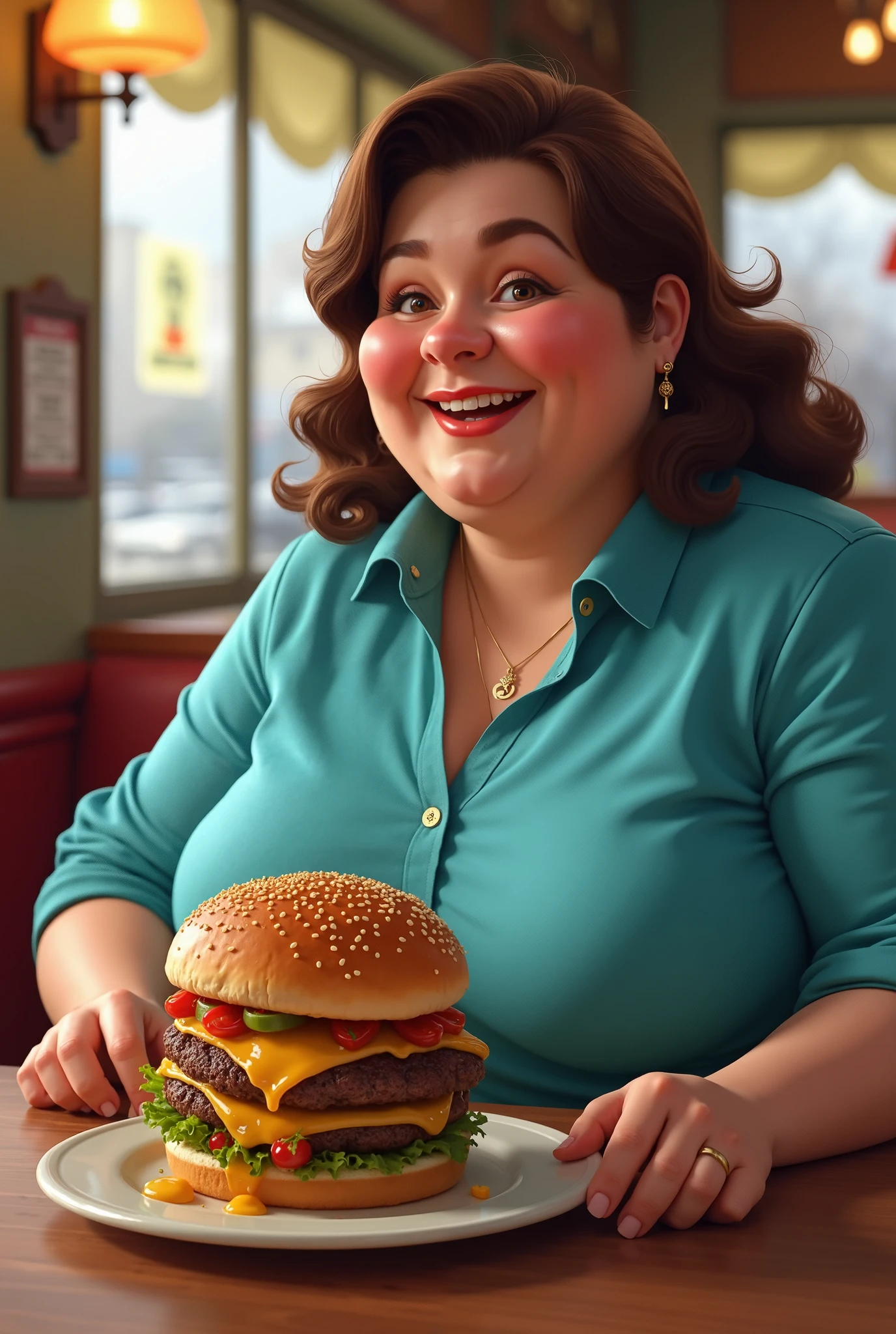 Christina Hendricks, (solo:1.9), realistic, masterpiece quality, naked body, (naked body:1.5), topless, bare breasts, (naked breasts:1.5), fat body, fat belly, eating hamburgers, (eating:1.5) sitting at McDonalds, at busy McDonalds restaurant, lots of hamburgers on table, (gigantic breasts:1.9), stuffed belly, big fat belly, obese belly, (obese belly:1.5), sweating, (sweating:1.5), ssbbw, (ssbbw:1.9), too fat to move, belly stuffed to the brim with food,