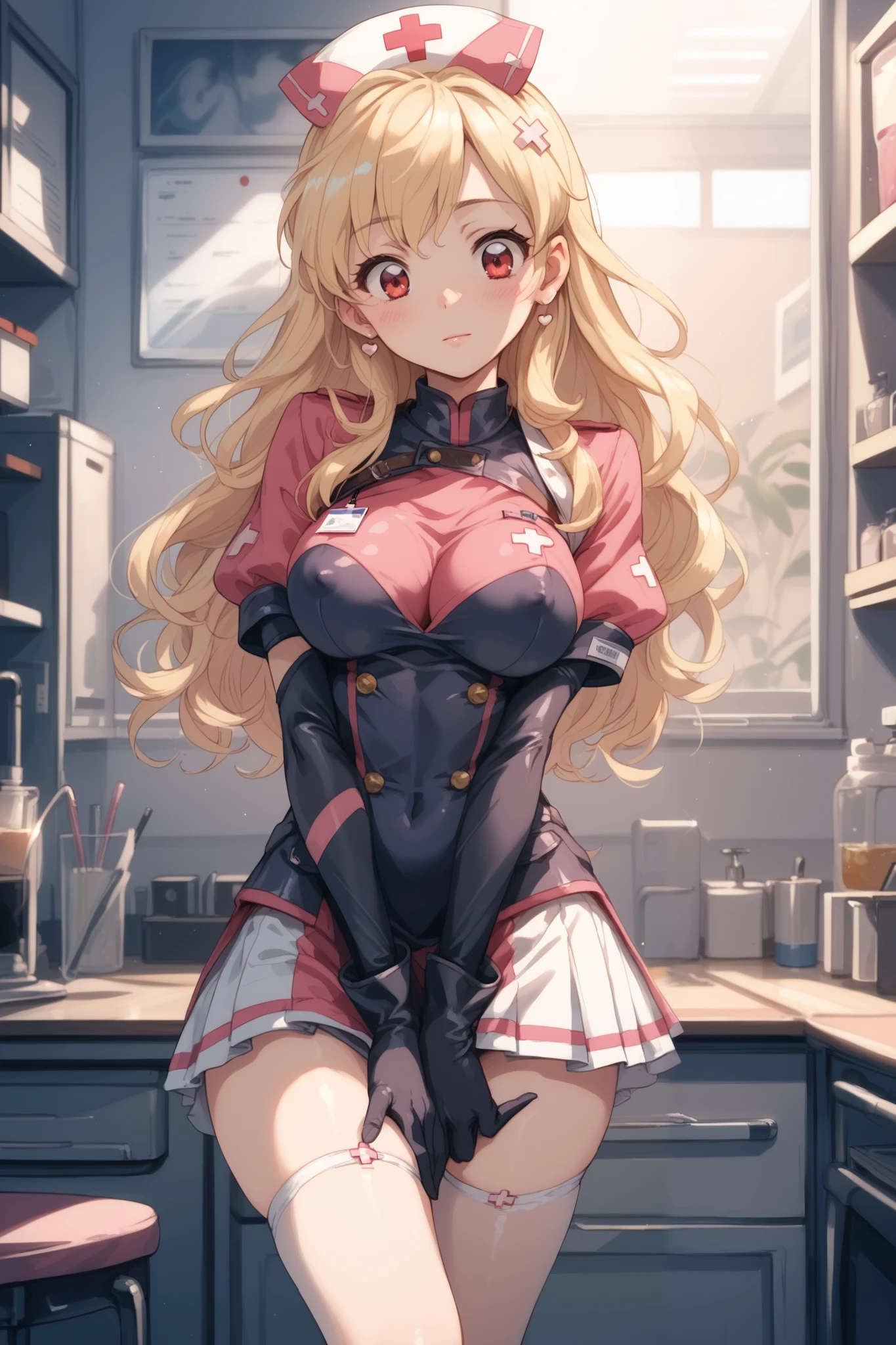 there is a cartoon nurse in a  looking down at her gloves, 1girl, , gloves, , id card, Blonde hair, , RED eyes, solo, WAVE hair, nurse, breasts, hair ornament, nurse cap, , hat, adjusting gloves, short sleeves, large breasts, pink ribbon, blush, covered nipples