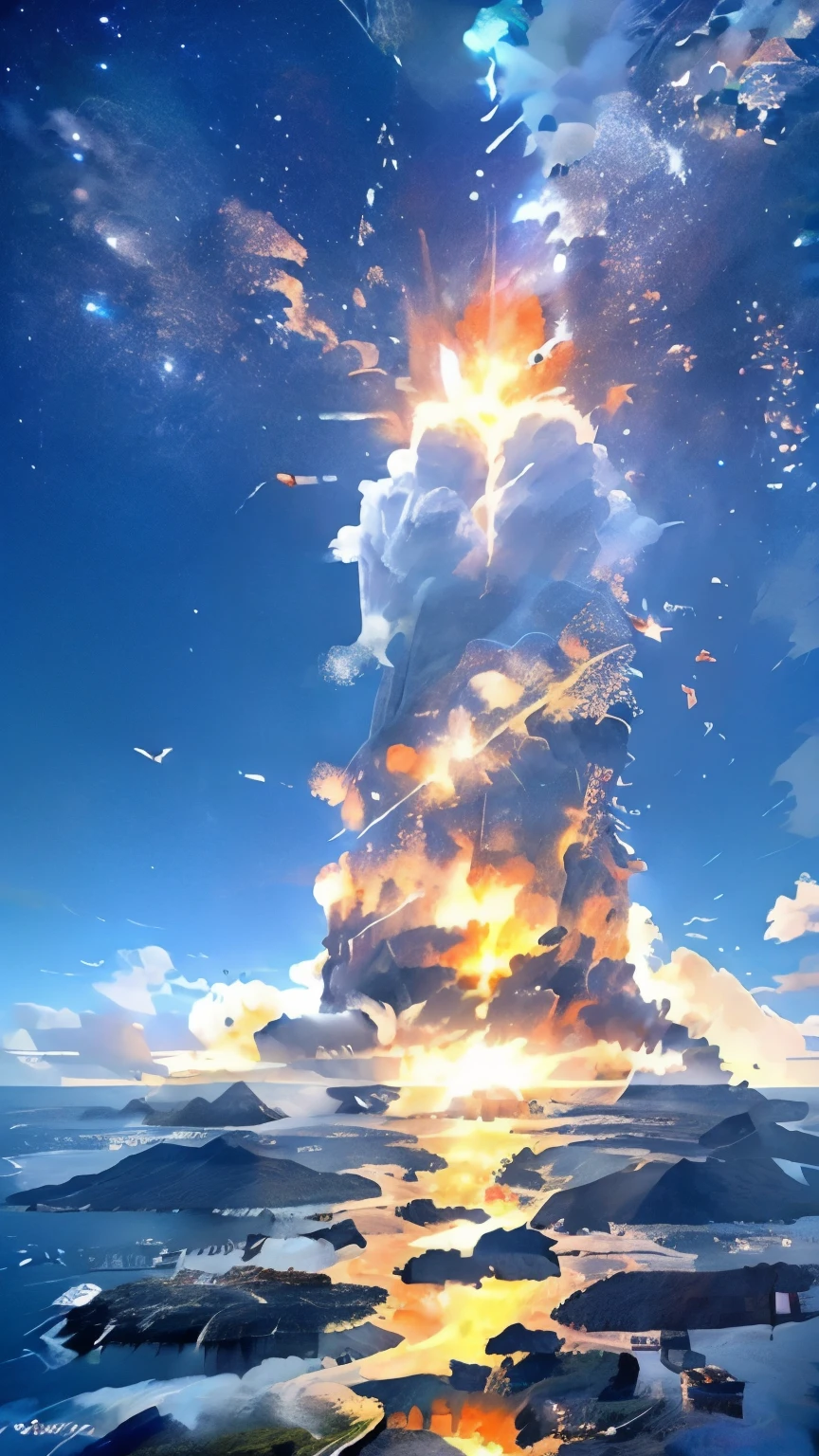 expansive landscape photography, (a bottom view showing the sky above and open country below with a peaked mountain on the horizon with lightning and flames at its top), (full moon: 1.2), (shooting stars: 0.9), ( burning meteor 3.9), (nebula: 1.3), distant mountain, BREAK tree production art, (warm light source: 1.2), (Firefly: 1.2), lightbulb, very orange, very blue, very red, very purple, intricate detail, volumetric lighting, BREAK realism (masterpiece: 1.2), (best quality), 4k, ultra-detailed, (dynamic compositing: 1.4), highly detailed, colorful detail, (iridescent colors: 1.2), ( bright lighting, atmospheric lighting), dreamy, magical, (solo: 1.2), sinister, spooky