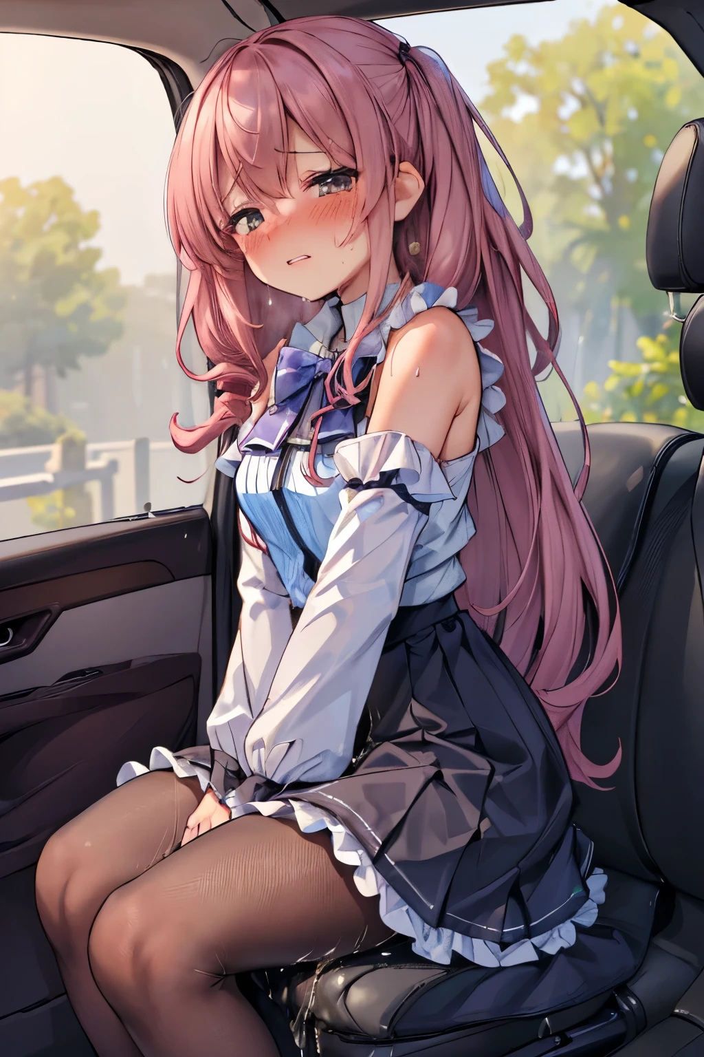 (8K, ultra-detailed, best quality, anatomically perfect body:2), (beautiful breast:1.2), shiny skin, (1 girl), (have to pee), (desperate urge to pee), (very desperate to pee), (her bladder is at its limit:1.5), (in the car, sitting very shallowly:1.6), (fidget:1.5), wetting self, (ruffled long skirt:1.6), (pantyhose:1.3), ankle boots, panty pull, (Untidy hair:1.4), (she curl up on the seat, holding her crotch in agony very hard:1.5), (shrugs:1.7), (orgasm:1.5), (full face blush:1.7), (embarrassment:1.6), (impatience:1.7), (flustered:1.5), (panic), (flowing sweat:0.7), (twist whole body:1.4), (panting), breathless, (Humiliation), (Erotic feelings), (closed eyes:0.95), (She is very arousal to hold pee), (tear), (head tilt:1.1), (parted lips:1.2), (SIGMA 105 mm F/2.8, 1/100 sec shutter, award-winning), from side, nsfw,