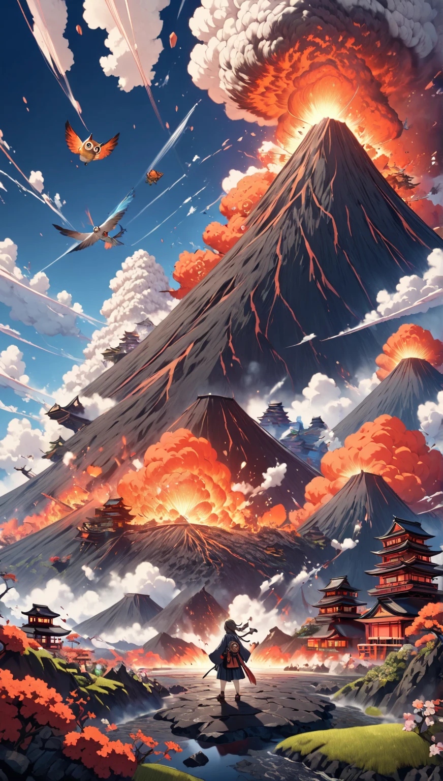   Fantasy World ,  Japanese style, Volcanic eruption, Take Off，owl， is cool