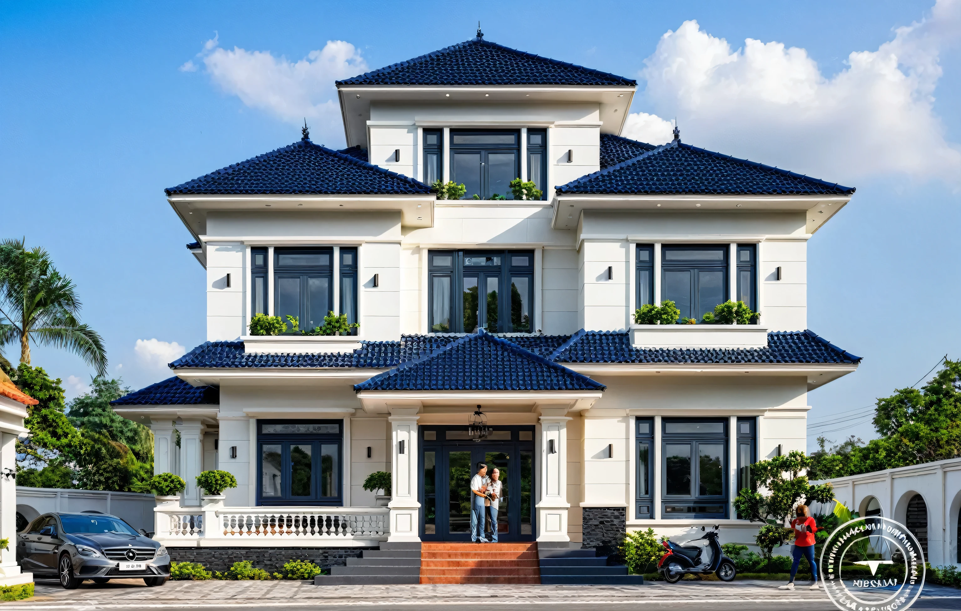 (masterpiece:1.2), best quality, photo of A two-story modern house in VietNam with white walls and dark tiles on the roof., tree and plant environment,daylight, streetcapes, natural light, vivid color, The exterior of an elegant single family home features large windows, a dark gray door frame.