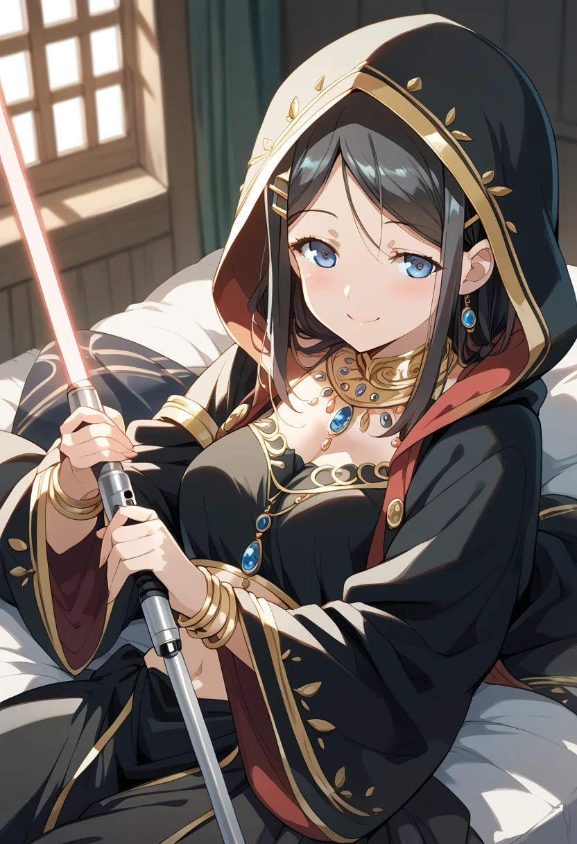 masterpiece, high definition , top quality,8k(haruka)
(真紅のLightsaber,  Black Robe , wear a hood ,black harem costume)smile