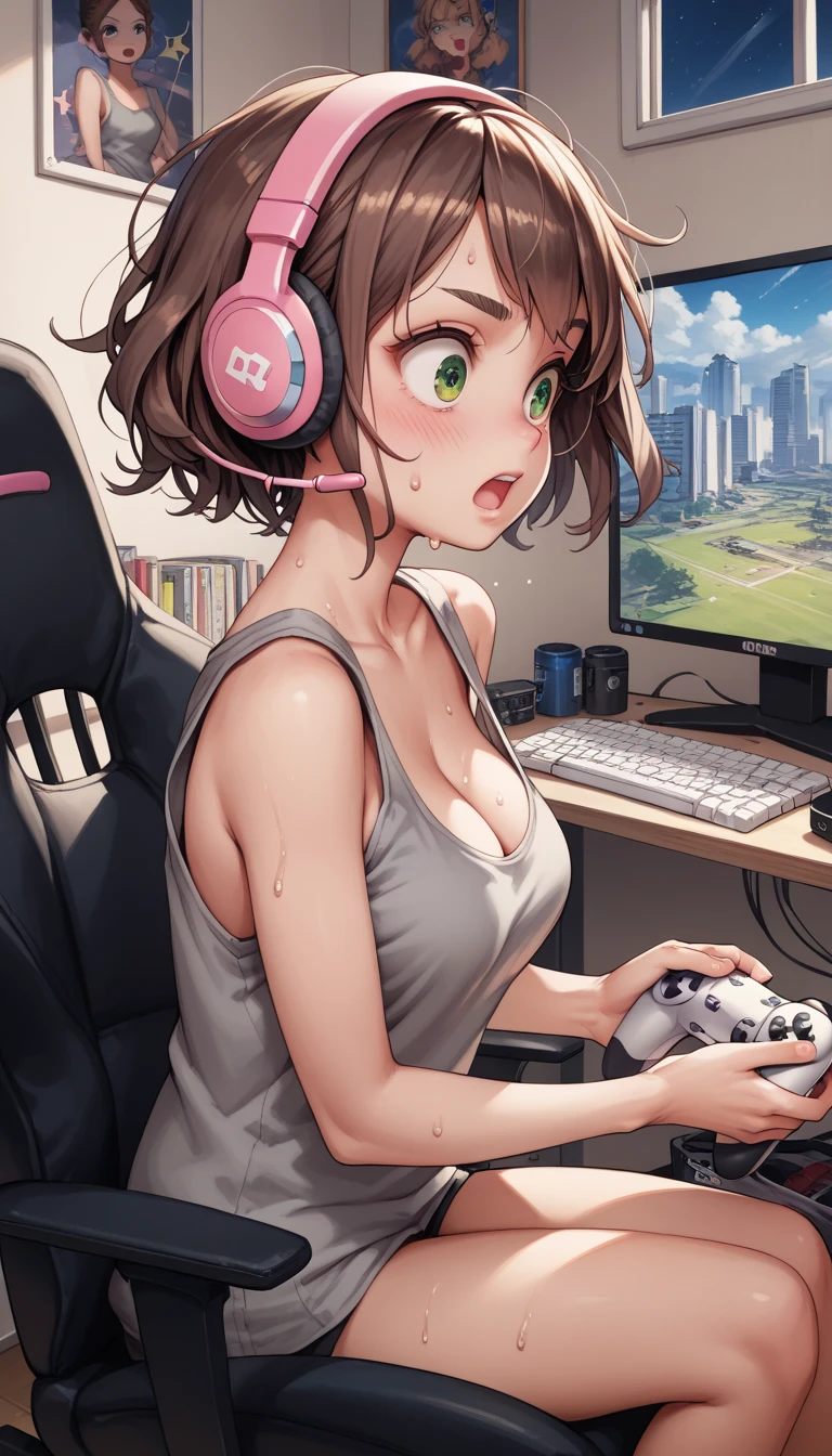 night, anime, from side, 1girl, (surprised:0.9), blush, green eyes, detailed eyes, brown hair, pink headset, (messy hair:0.8), medium breasts, cleavage, in room, girls room, loose tank top, gray tank top, (short shorts:0.5), playing the game, Shooting games, desk, white PC, white game controller, white pc mouse, white keyboard, sitting gaming chair, looks away, sweat, panic, troubled eyebrows, (open mouth:1.3),