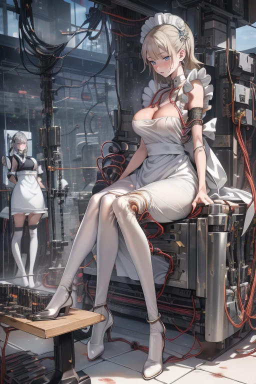 (masterpiece, top quality, best quality, official art, beautiful and aesthetic:1.2), (1girl:1.3), extreme detailed, colorful, highly detailed ((ultra-detailed)), (highly detailed CG illustration), ((an extremely delicate and beautiful)),(from side),cinematic light,((1mechanical girl)), solo, full body,(machine made joints:1.2),((machanical limblood vessels connected to her mechanical vertebra),((mechanical cervical attached to her neck)),(sitting attached to a huge Canon),expressionless,(wires and cables attaching to neck:1.2),(wires and cables to her head:1.2)(character focus), wearing a translucent white dress, wearing visor glasses, {{{holding a gun on her left hand}}}, short light red hair, science fiction, futuristic background (Matrix style),(blood:1.5),