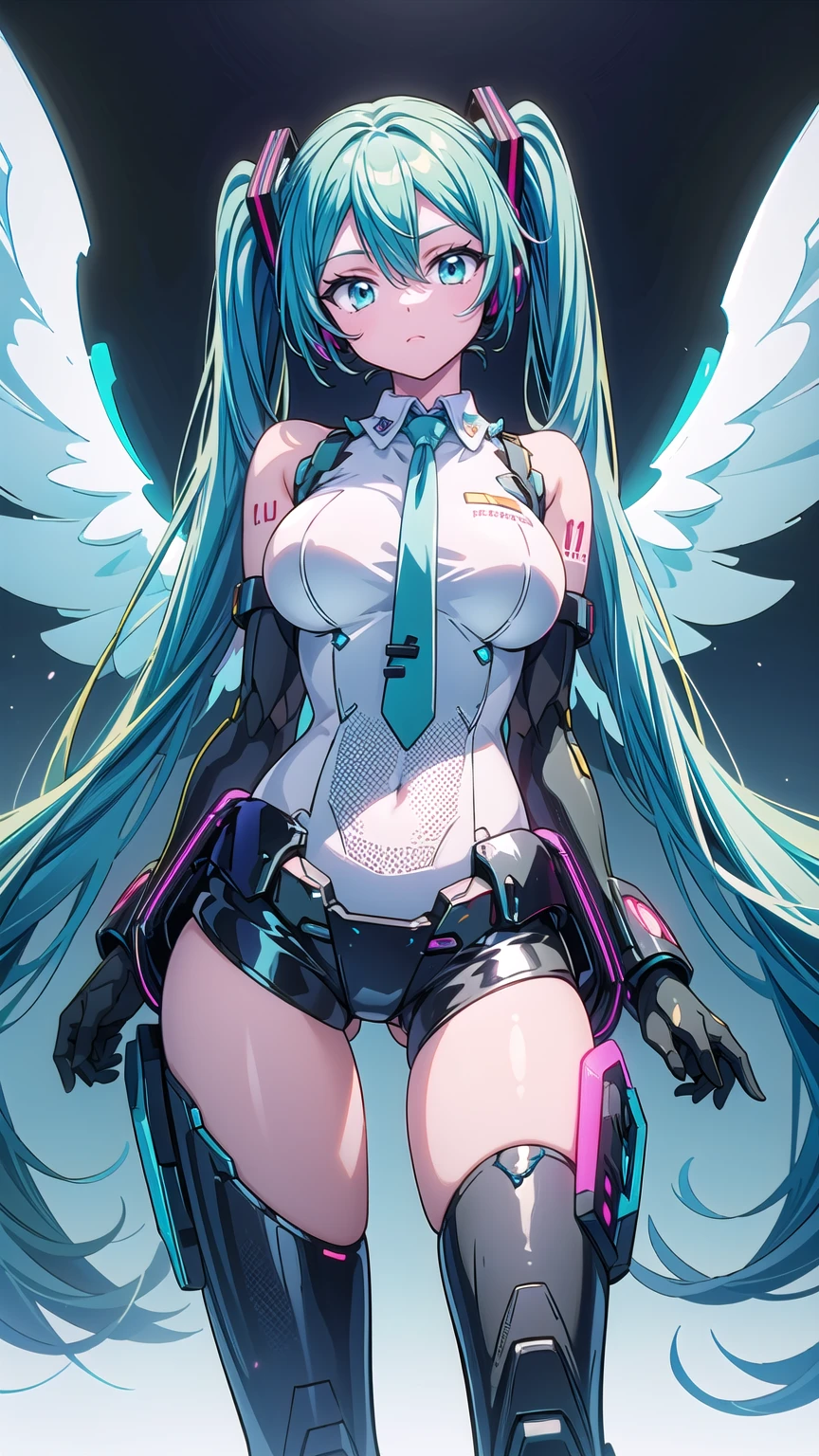 ((((masterpiece, high quality, very_high_resolution, anime colored, Elaborate design, visual art, high quality)))), (((hatunemiku VOCALOID))), twintail, turquoise hair, mecha, 1girl, cyberpunk, realistic, mechanical parts, ((((Angel wings)))), powerd suit, robot joints, headgear, full armor, high heels, armor color((((white)))), beautiful art,