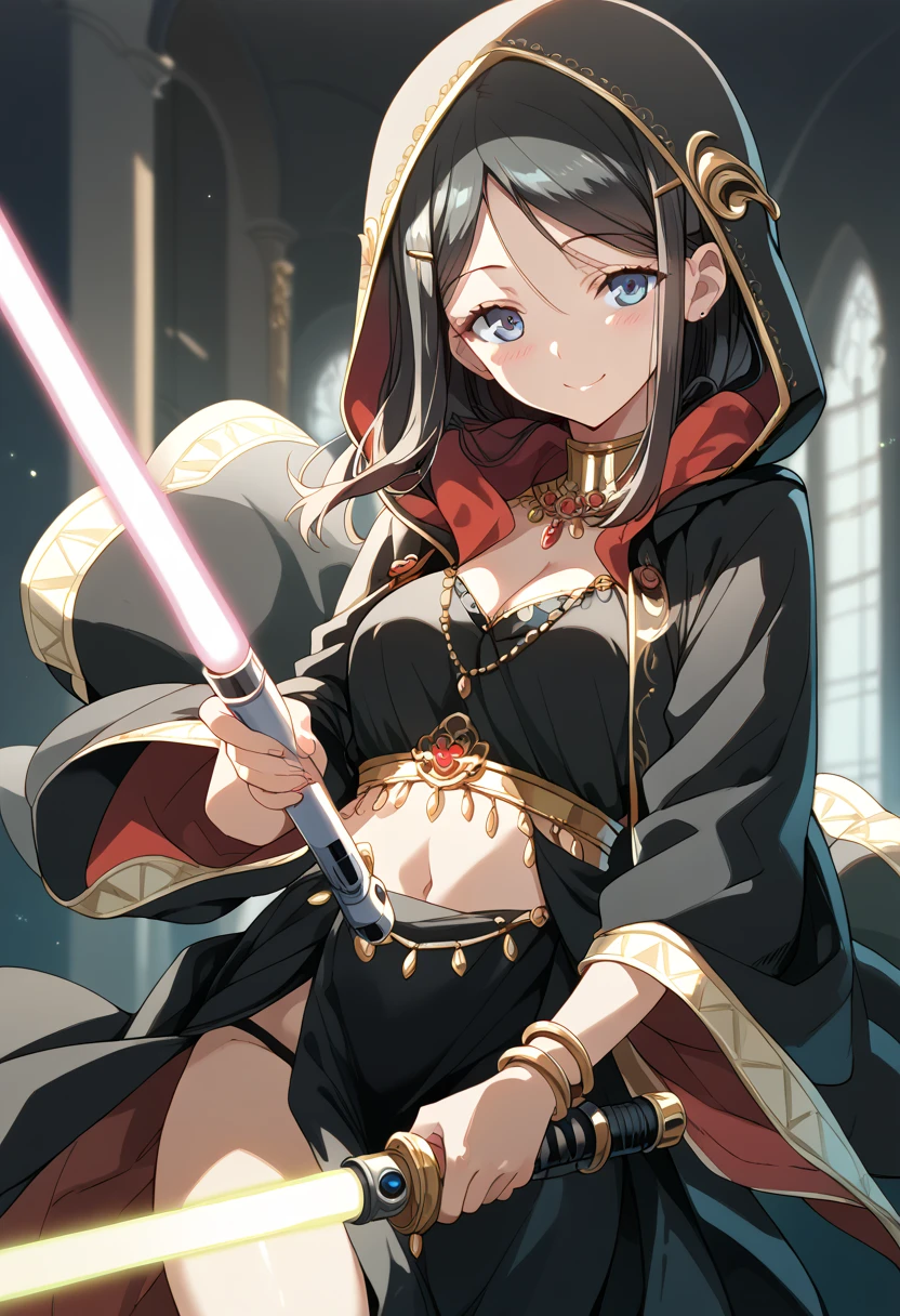 masterpiece, high definition , top quality,8k(haruka)
(真紅のLightsaber,  Black Robe , wear a hood ,black harem costume)smile