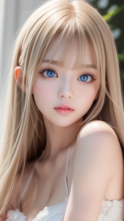 Perfect beautiful face、Beautiful cute girl 20 years old、Sexy and very beautiful cute face、Beautiful cute sexy sky blue eyes、Very super long beautiful shiny silky straight pearl blonde hair、Super long beautiful bangs、White skin、Glossy Skin、Gloss Face、Cheek gloss highlighter、Hair above the eyes、片Hair above the eyes、Hair between the eyes、Bangs on the face、Bangs over both eyes