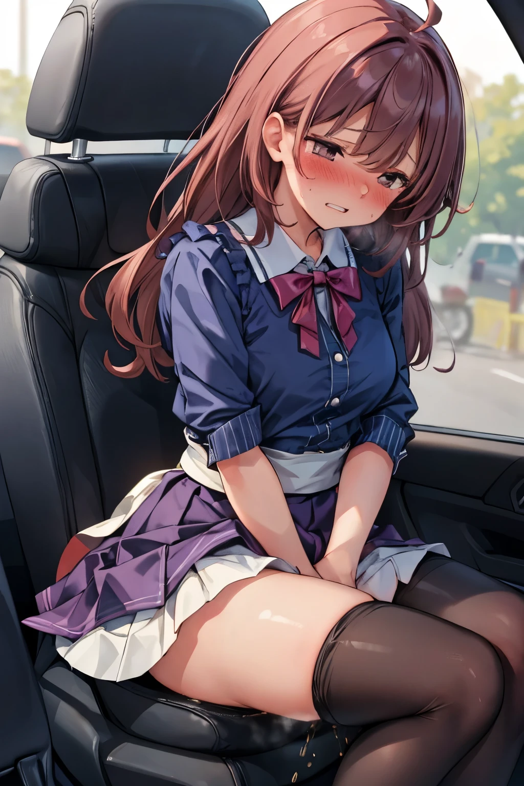 (8K, ultra-detailed, best quality, anatomically perfect body:2), (beautiful breast:1.2), shiny skin, (1 girl), (have to pee), (desperate urge to pee), (very desperate to pee), (her bladder is at its limit:1.5), (in the car, sitting very shallowly:1.6), (fidget:1.5), wetting self, (ruffled long skirt:1.6), (pantyhose:1.3), ankle boots, panty pull, (Untidy hair:1.4), (she curl up on the seat, holding her crotch in agony very hard:1.5), (orgasm:1.5), (full face blush:1.7), (embarrassment:1.6), (impatience:1.7), (flustered:1.5), (panic), (flowing sweat:0.7), (twist whole body:1.4), (panting), breathless, (Humiliation), (Erotic feelings), (closed eyes:0.95), (She is very arousal to hold pee), (tear), (head tilt:1.1), (parted lips:1.2), (SIGMA 105 mm F/2.8, 1/100 sec shutter, award-winning), from side, nsfw,