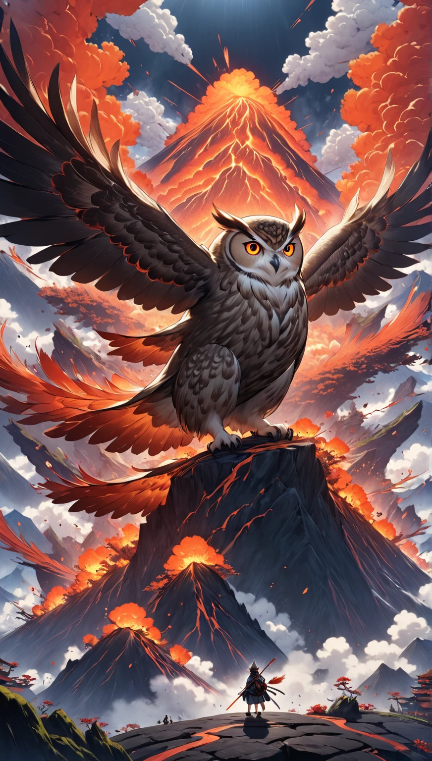  masterpiece:1.2， Fantasy World ,  Japanese style, ((Volcanic eruption))，An owl flapping its wings， is cool