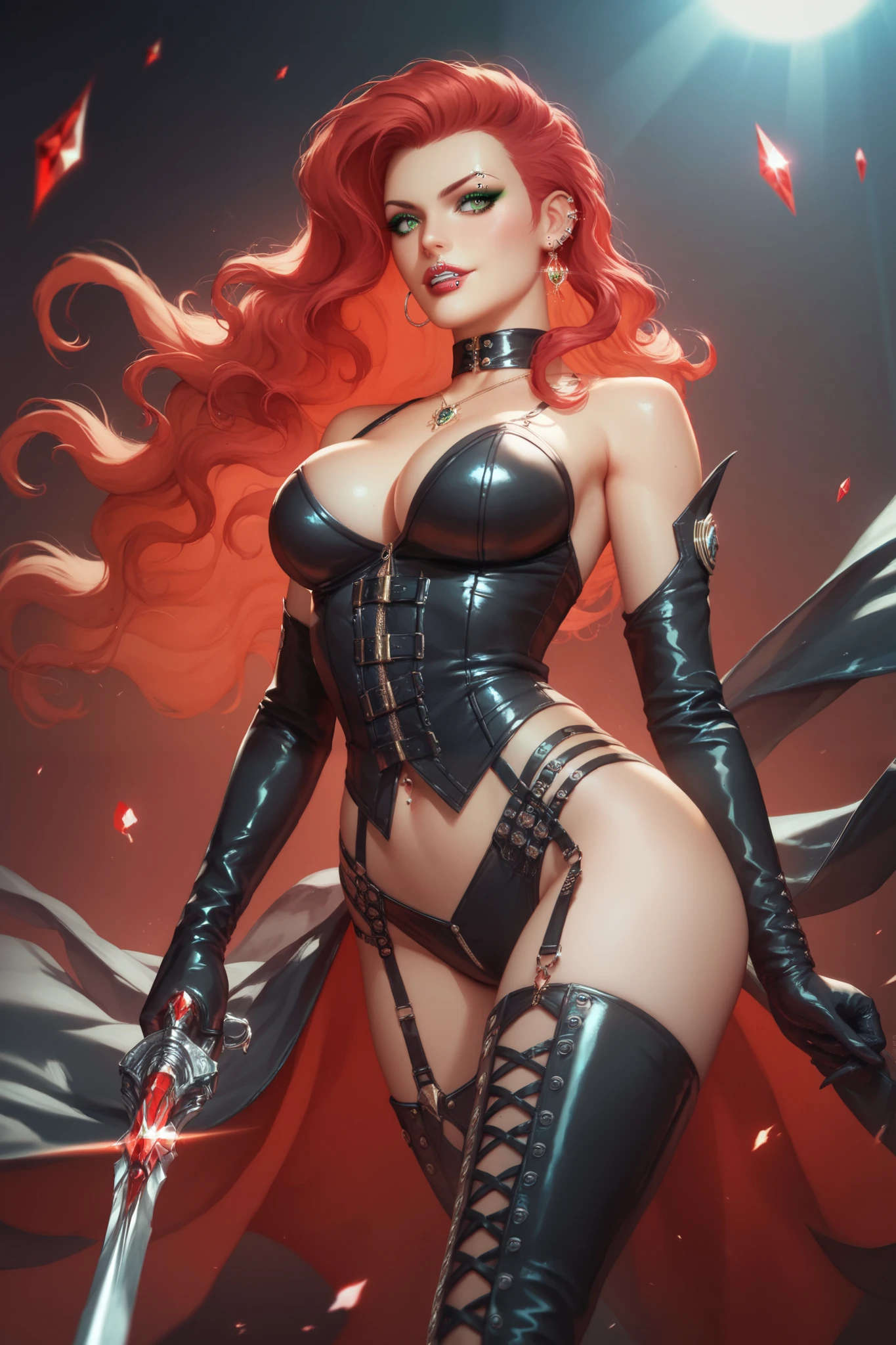 a woman with red lipstick has armor on and is holding a sword, kirijou mitsuru, 1girl, solo, hair over one eye, long hair, (((red hair))), (((red eyes))), weapon, rapier, sword, bodysuit, black bodysuit, grey bodysuit, hand on hip, (((large breasts))), simple background, white background, (purple theme:1.2)