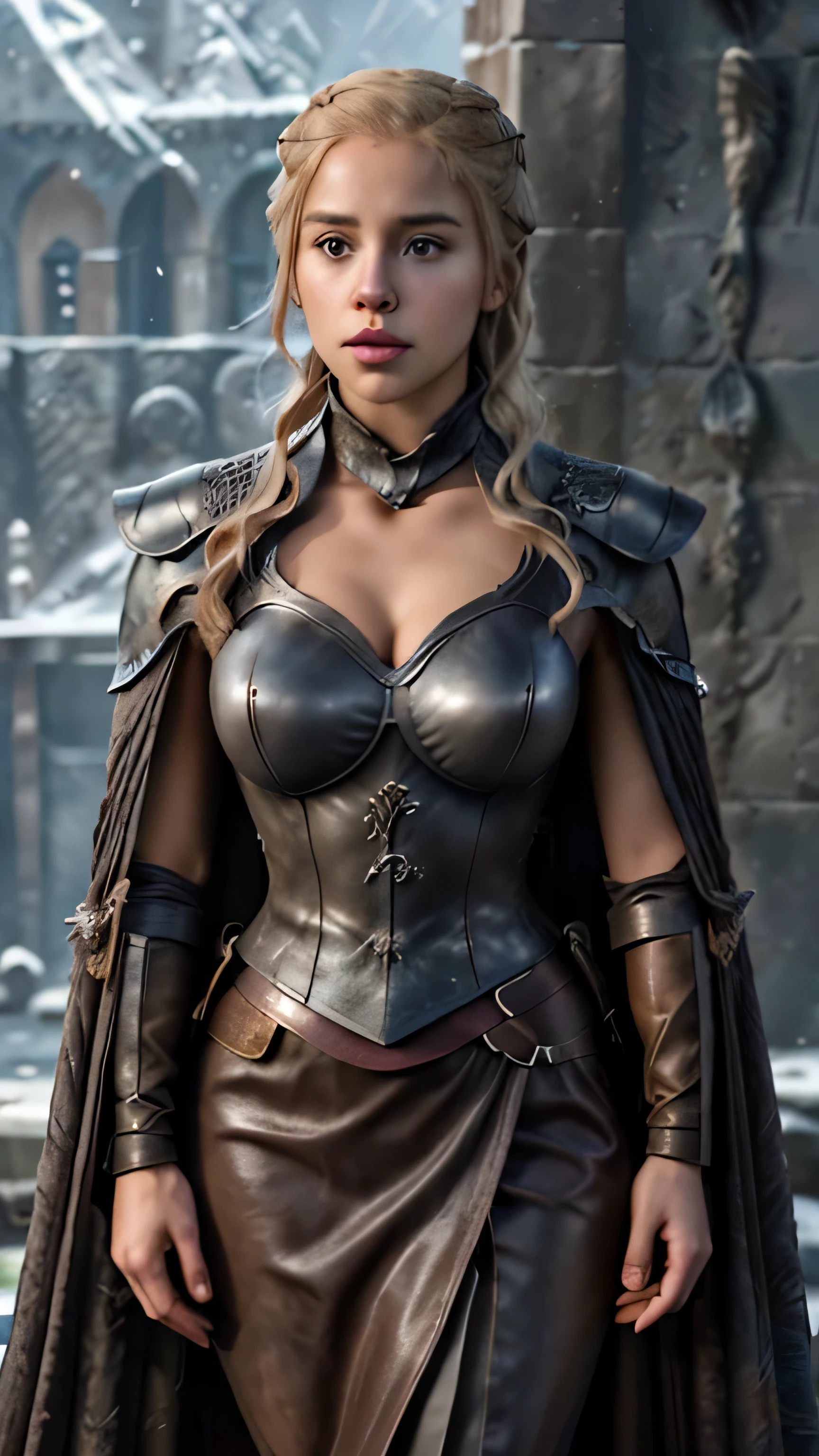 Beautiful Face Woman、a blond、Leopard print background、 Beautuful Women、18year old、prety woman、hyper realistic photography、High-definition photos、Red Lipstick、Mandalorian Style Metal Armor Skirt Suit、big eye、The skin is not very exposed、Do not cut your head off the screen、skirt by the、Leopard handle