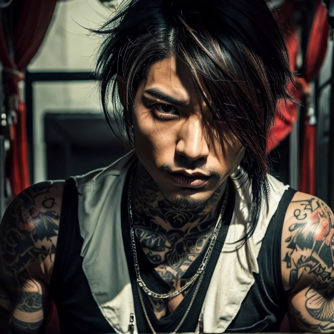 1 man, Japanese man, male, Asian eyes, muscular, broad shoulders, yakuza tattoos, hairstyle Visual Kei style, hair Visual Kei, black men's shirt and black pants, ultra detailed face, hyperrealistic, realistic representation, long hair, long hair, 30 years old, age 30 years, blonde hair