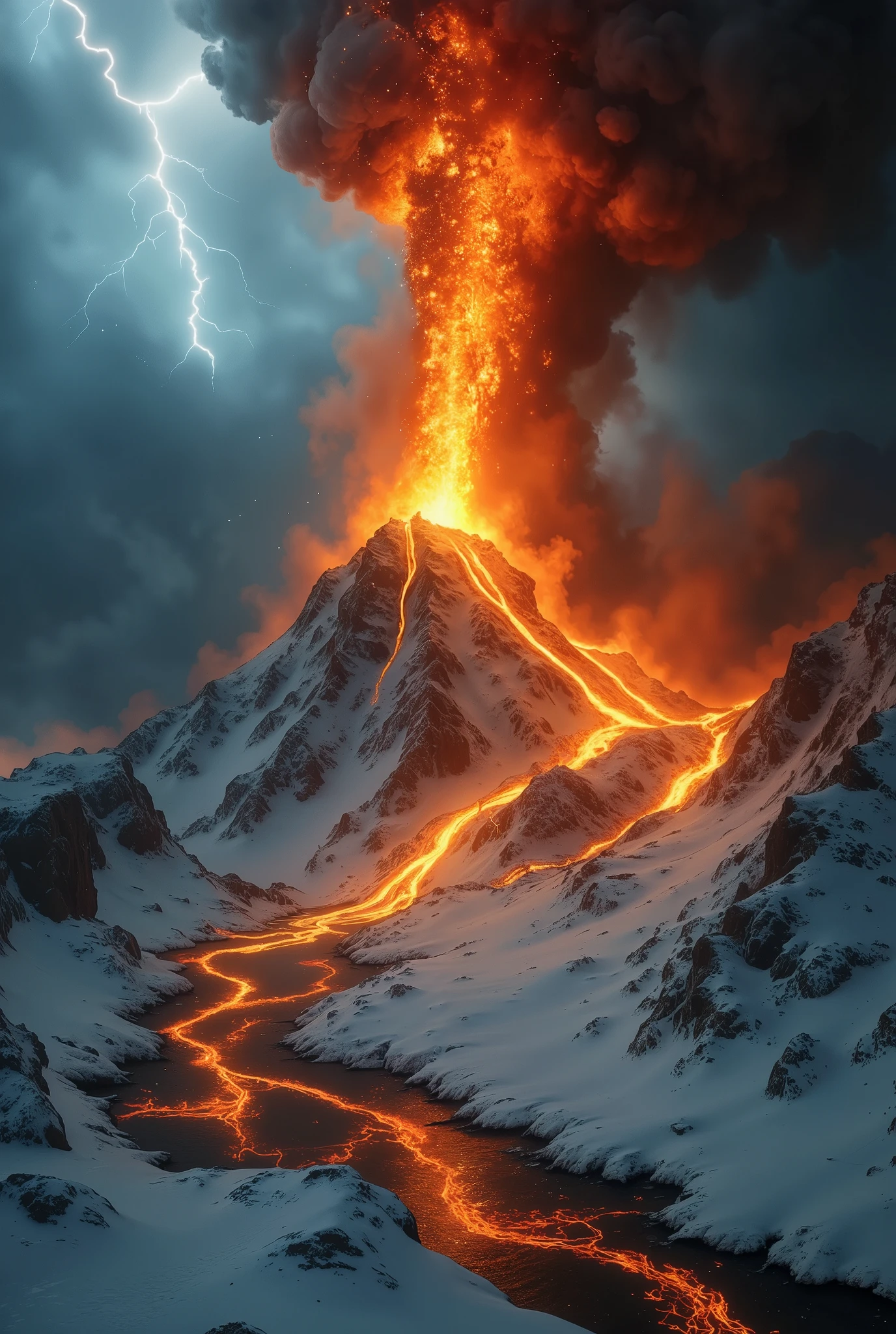 Generate photorealism image of a drone flying over an erupting volcano, various angles, with various elements of fire and lava --auto --s2