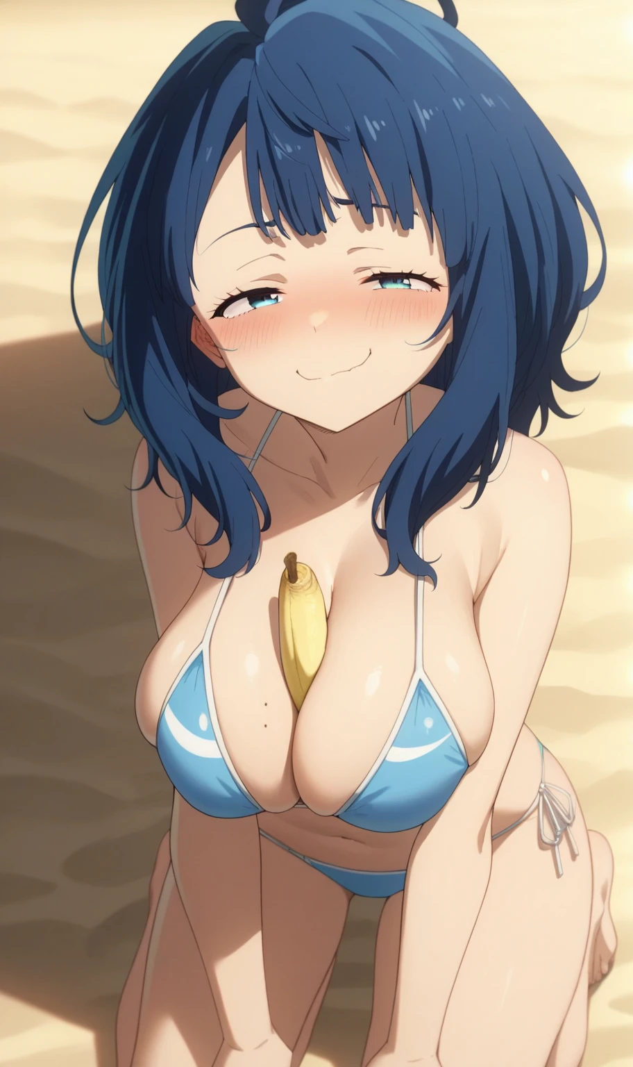 core_9, score_8_up, score_7_up, score_6_up, score_5_up, score_4_up, BREAK, source_anime, solo, 1girl, Fuwa Kokone, blue hair, medium hair, green eyes, lite smile, micro slingshot swimsuit, looking at viewer, small breast, erect nipples, dirty large areola, (skinny), milf, natural (black:1.2) armpit hair, nsfw, sitting, (Eating poop on a plate with a fork and knife, drinking cum milk:1.1), in the restaurant, upper body