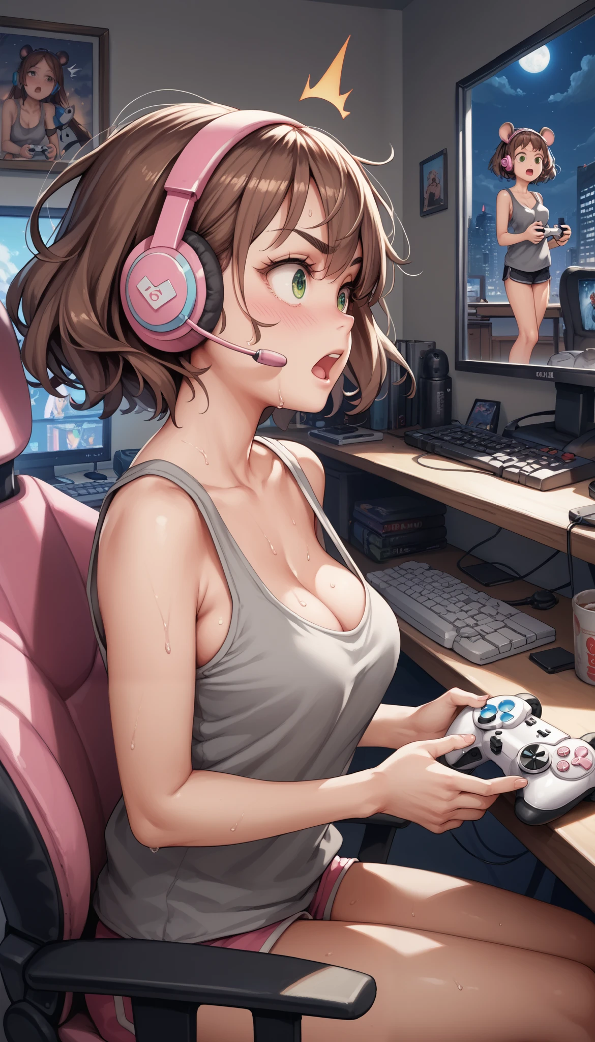 night, anime, from side, 1girl, (surprised:0.9), blush, green eyes, detailed eyes, brown hair, pink headset, (messy hair:0.8), medium breasts, cleavage, in room, girls room, loose tank top, gray tank top, (short shorts:0.5), playing the game, Shooting games, desk, white PC, white game controller, white pc mouse, white keyboard, sitting gaming chair, looks away, sweat, panic, troubled eyebrows, (open mouth:1.3),