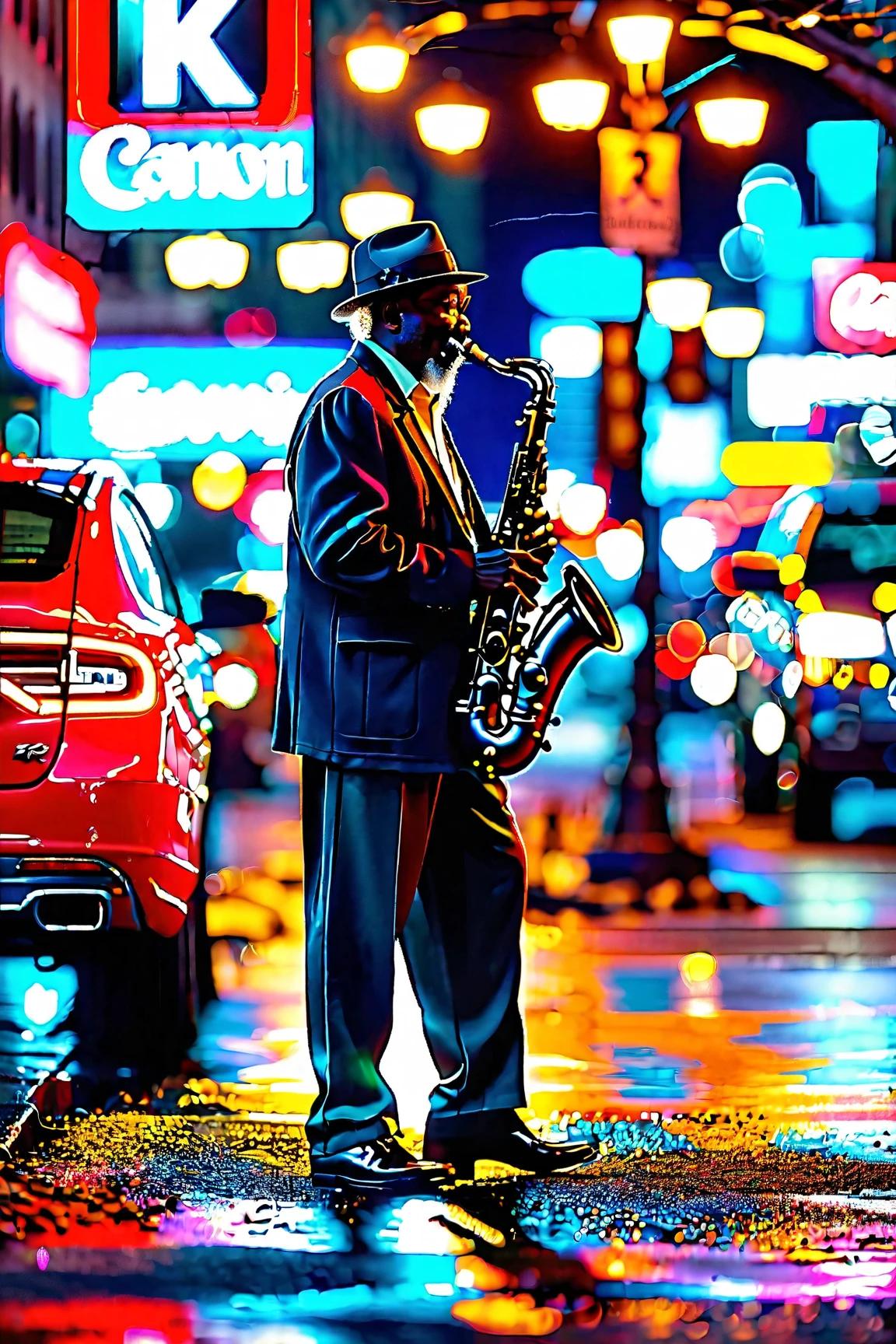 Midnight, downtown, neon signs glowing, cars passing, people walking on the sidewalk, one street light, a older black man in his 50’s plays a saxophone in the glow of the street light, leaning against the light pole, High Resolution, ((Masterpiece)), Best Quality, ((Award Winning)), Super Detailed, High Quality, UHD, From Side, 135mm, Canon, Depth Of Field, Backlighting, Motion Blur, Cinematic Lighting, Glowing Light, 8K Octane, Cinematic, Cinematography, Hyperdetailed, Hyperrealism, Photorealistic, 