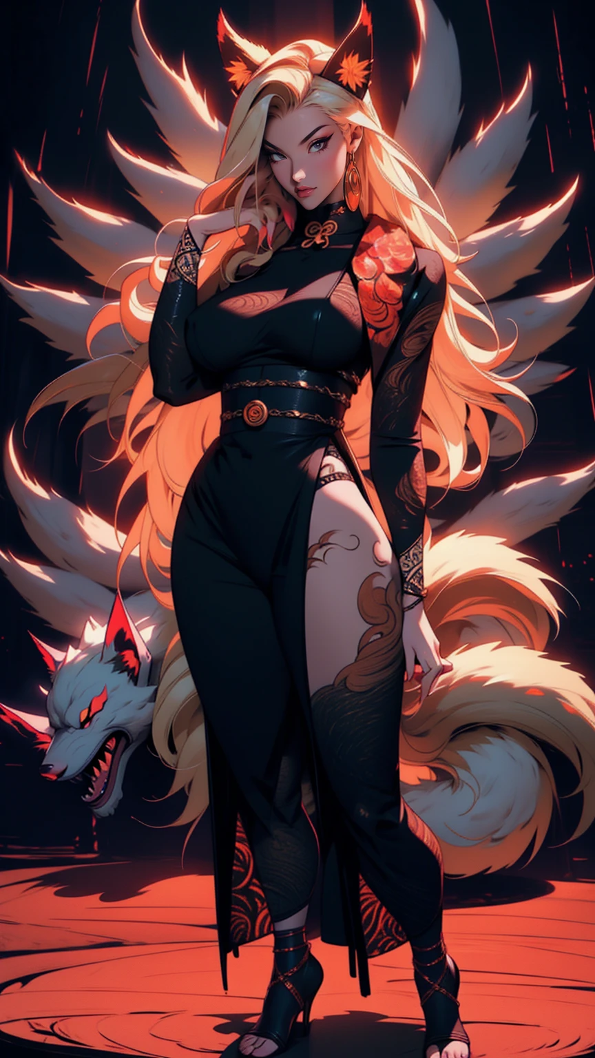 tanned lines, black skin, breasts, warrior, Chinese dragon background, blond hair, curved hips, red eyes, jumpsuit