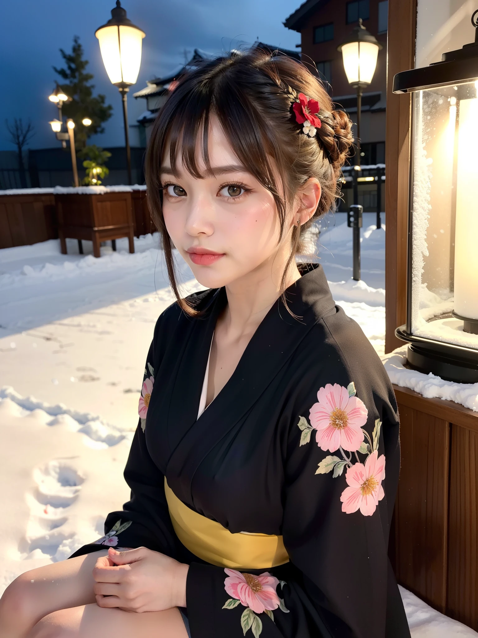 Fireworks Festival in Kyoto, Sexy woman taking off black yukata and spreading her legs, Blonde Shorthair，Gorgeous 20 year old Japan woman, sexy look at the camera, Good Young J Cup Bust Girl
