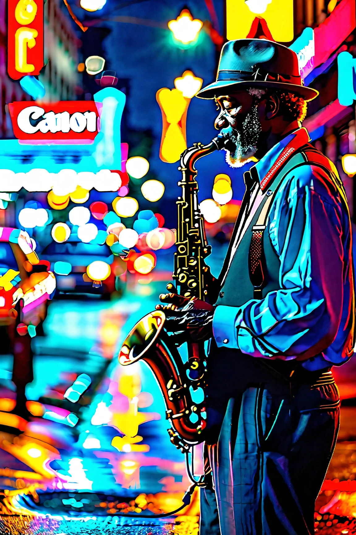 Midnight, downtown, neon signs glowing, cars passing, people walking on the sidewalk, one street light, a older black man in his 50’s plays a saxophone in the glow of the street light, leaning against the light pole, High Resolution, ((Masterpiece)), Best Quality, ((Award Winning)), Super Detailed, High Quality, UHD, From Side, 135mm, Canon, Depth Of Field, Backlighting, Motion Blur, Cinematic Lighting, Glowing Light, 8K Octane, Cinematic, Cinematography, Hyperdetailed, Photorealistic, 