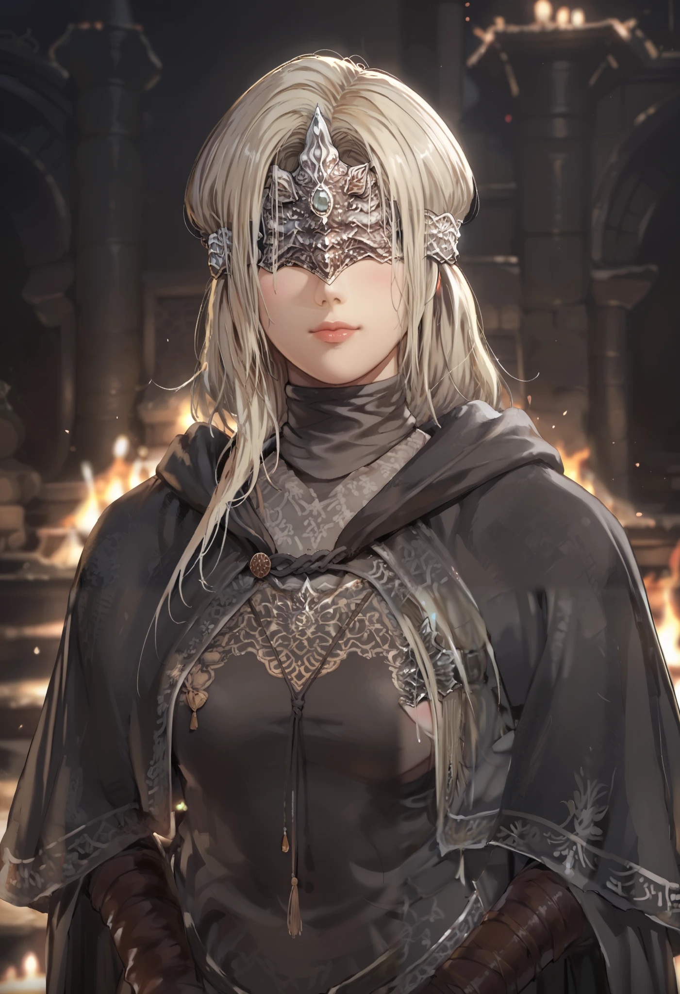 sfw, anime style, extremely detailed CG, high resolution, best quality, masterpiece, single woman, Firekeeper (Dark Souls), pale blonde hair, black satin blindfold, long black robe, hood-like mantle (covering her shoulders), long black gloves, natural pose, firelink shrine (dark souls)