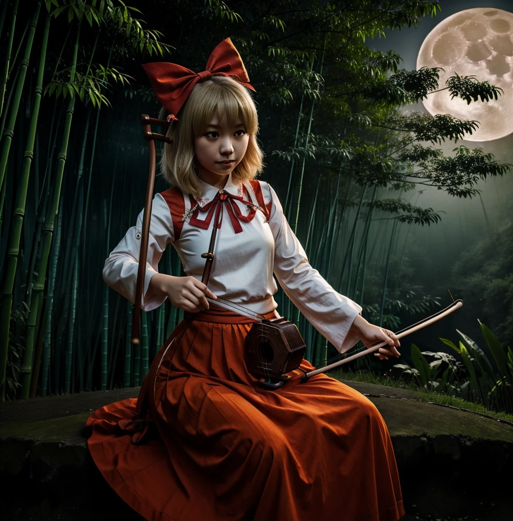 A girl, satsuki rin, playing the erhu on the bamboo forest. Night, blue mist background, fog, big moon, full moon, hair bow, ribbon, long sleeves, red skirt, blonde
