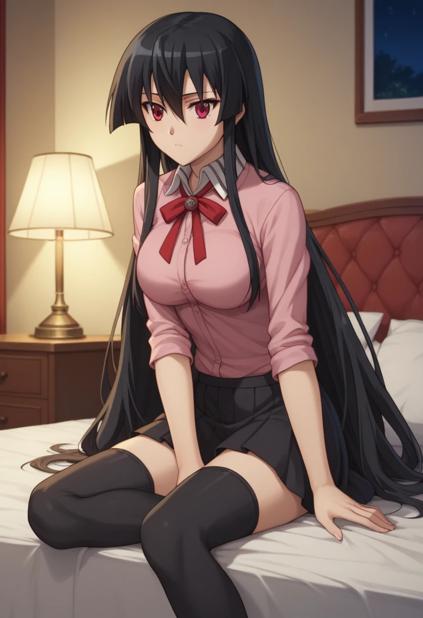 1girl,solo,akame, long hair, black hair, red eyes, hair between eyes,jirai kei, pink shirt, neck ribbon, black skirt, black thighhighs, zettai ryouiki,siting,on bed , indoor ,bedroom , windows,curtain,lamp